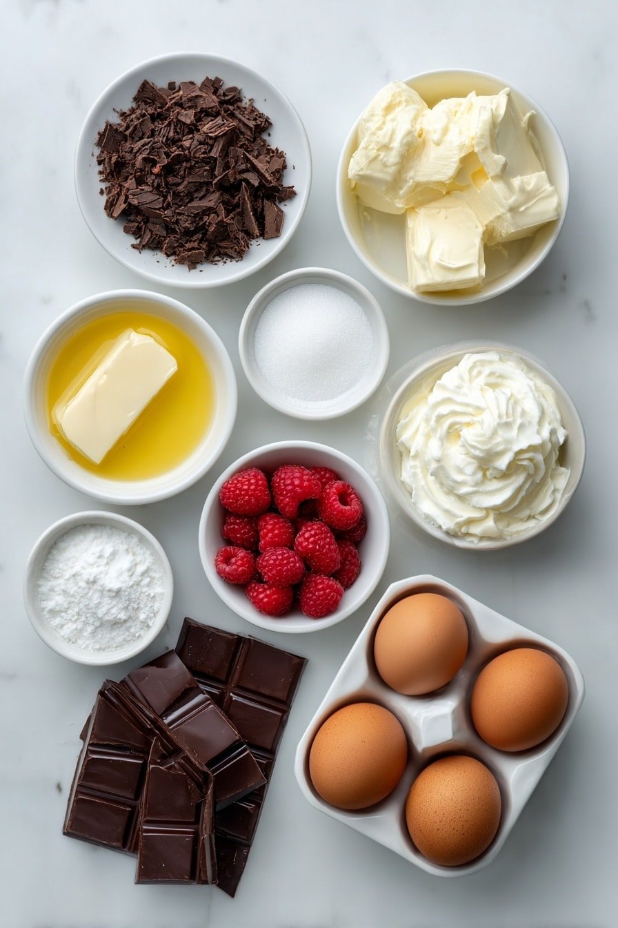 Flat lay of a small pile of crushed chocolate wafer cookies, a small white bowl of melted unsalted butter, a small white bowl of granulated sugar, a large block of cream cheese, a small white bowl of granulated sugar, a small white bowl of sour cream, three whole brown eggs with clean shells, a large slab of dark chocolate (70% cocoa), a small cluster of fresh red raspberries, a small white bowl of heavy whipping cream, a small white bowl of powdered sugar, all arranged with perfect symmetry on a clean white ceramic surface, placed on a clean white marble surface, soft natural light, photo taken with an iPhone, professional food photography style, fresh ingredients, white ceramic bowls, no bottles, no duplicates, no utensils, no packaging --ar 2:3 --v 7 --p m7354639359234015250 — Dark Chocolate Raspberry Cheesecake, Chocolate Raspberry Cheesecake, Indulgent Cheesecake with Raspberries, Easy Cheesecake Recipes, Velvety Chocolate Raspberry Dessert
