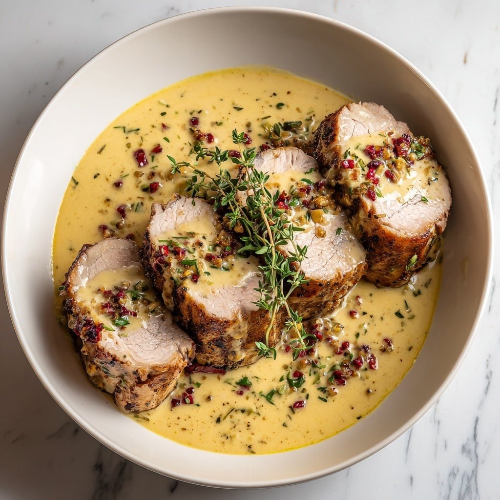 Garlic Dijon Pork Tenderloin with Cream Sauce Recipe - Article Image 2 — Garlic Dijon Pork Tenderloin, Garlic Dijon Pork Tenderloin with Cream Sauce, Pork Tenderloin recipes, Elegant pork dinner ideas, Easy pork tenderloin dishes