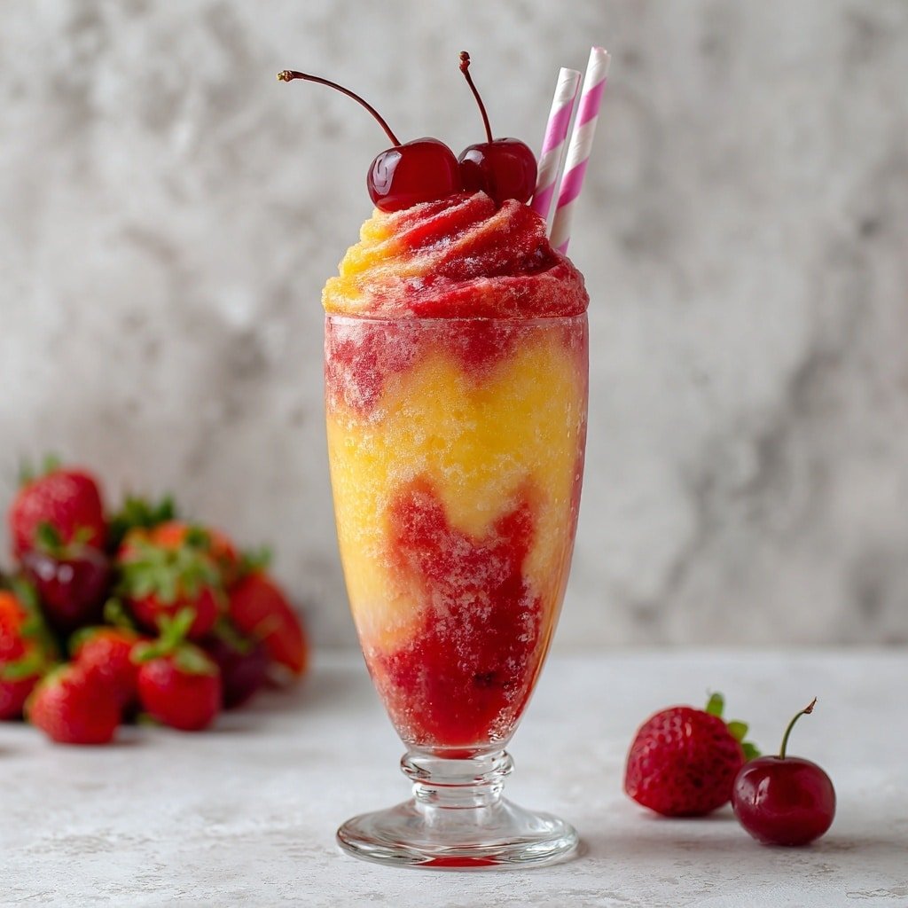 Pineapple Strawberry Swirl Slushies Recipe - Article Image 1 — Pineapple Strawberry Swirl Slushies, Frozen fruit drinks, Healthy summer beverages, Easy fruit slushie recipe, Refreshing fruit slushies