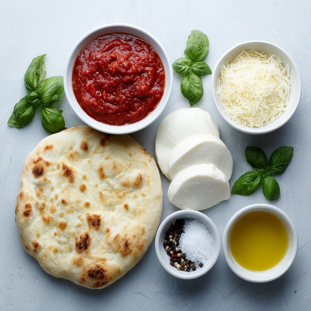 Easy Margherita Flatbread Pizza Recipe - Ingredients Image — Easy Margherita Flatbread Pizza, Margherita flatbread pizza, quick flatbread pizza recipe, homemade Margherita pizza, simple pizza ideas