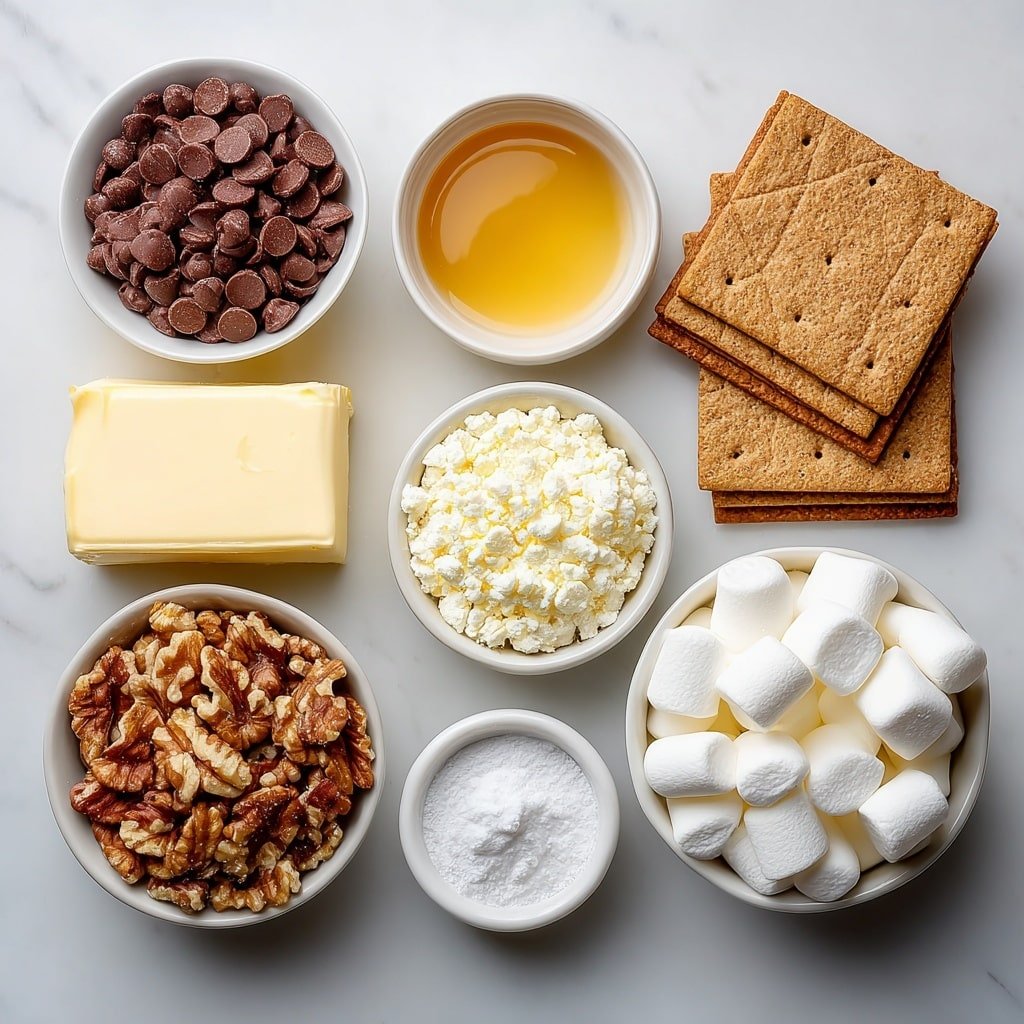 No-Bake Rocky Road Squares Recipe - Ingredients Image — No-Bake Rocky Road Squares, Rocky Road Squares recipe, easy no-bake desserts, chocolate marshmallow treats, no-bake holiday treats