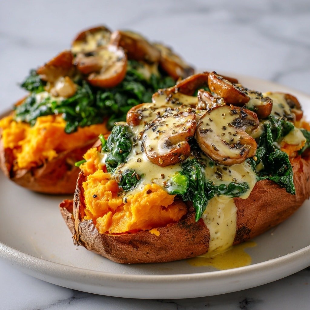 Creamy Mushroom Stuffed Sweet Potatoes Recipe - Article Image 1 — Creamy Mushroom Stuffed Sweet Potatoes, stuffed sweet potatoes with mushrooms, healthy baked sweet potato recipes, vegan mushroom stuffed sweet potatoes, comforting vegetarian sweet potato dish