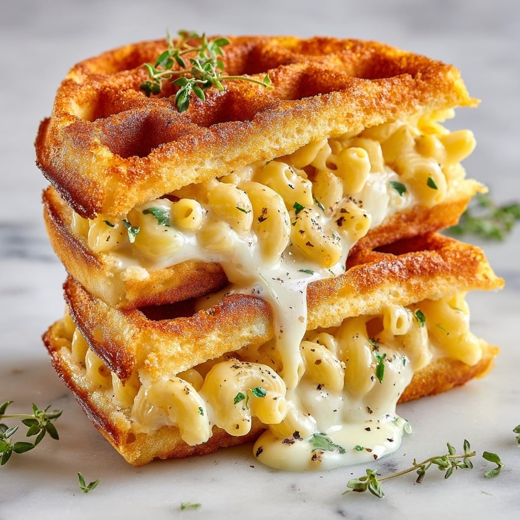 Truffle Mac and Cheese Waffle Sandwich Recipe - Article Image 2 — Truffle Mac and Cheese Waffle Sandwich, gourmet cheesy waffle sandwich, luxurious mac and cheese ideas, savory waffle recipes, easy truffle cheese sandwich