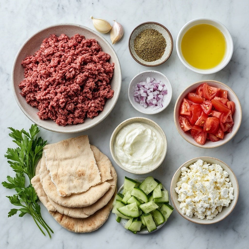 Greek Beef Wraps with Garlic Yogurt Sauce Recipe - Ingredients Image — Greek Beef Wraps with Garlic Yogurt Sauce, Greek beef wraps, Mediterranean beef wraps, easy Greek wraps, beef and yogurt wraps