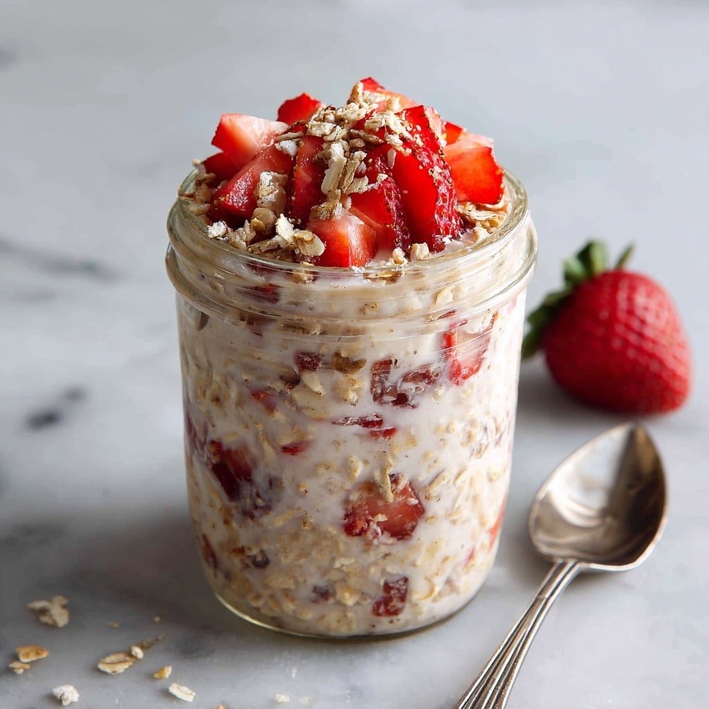 A clear glass jar filled with three visible layers of creamy oatmeal mixed with small chunks of red strawberries and brown oats. The oatmeal fills the jar almost to the top, where it is topped with bright red sliced strawberries and sprinkled with light brown crumbled oats. The jar sits on a white marbled surface with a whole strawberry and a silver spoon blurred nearby. Photo taken with an iphone --ar 1:1 --v 7 — Strawberry Protein Overnight Oats, healthy breakfast ideas, easy overnight oats, protein-packed oats, quick morning recipes