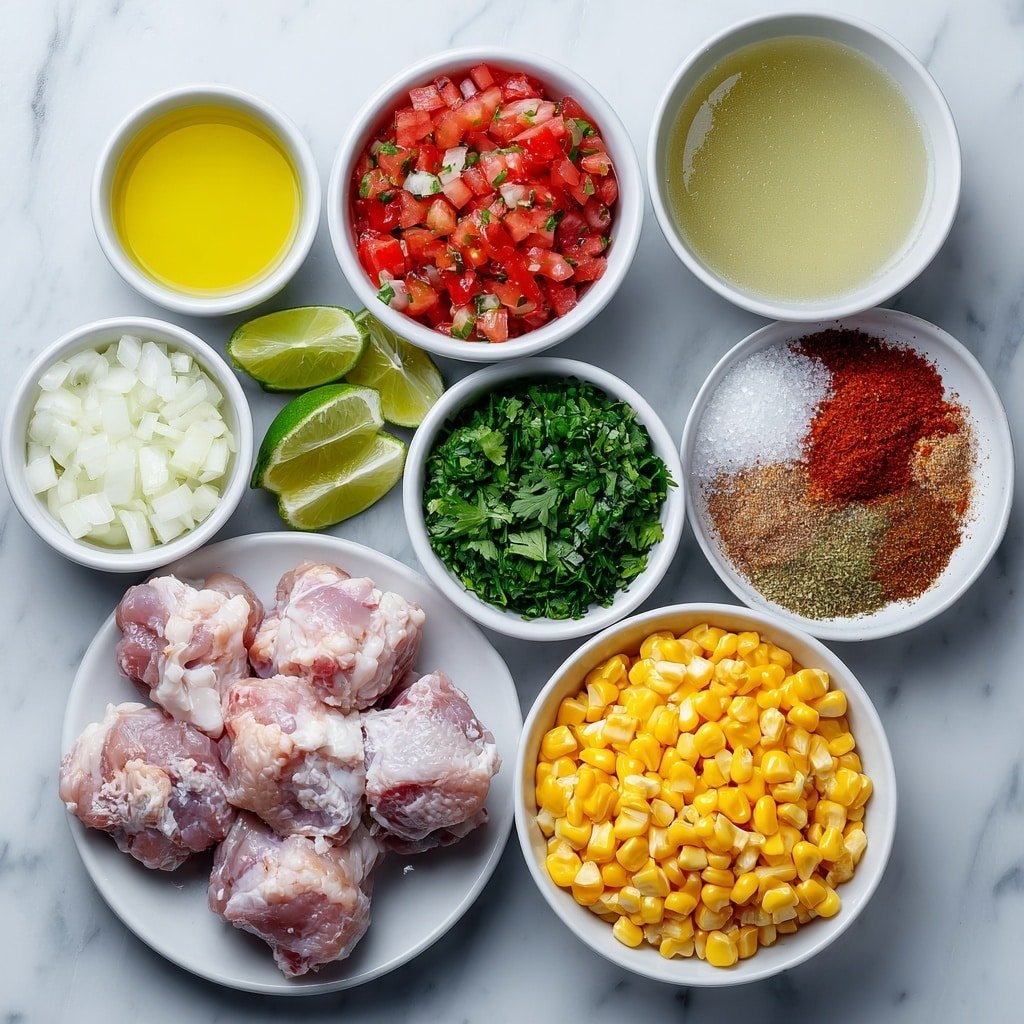 Flat lay of a medium chopped yellow onion, three peeled garlic cloves, bite-sized pieces of raw boneless skinless chicken thighs, a small white ceramic bowl of golden olive oil, a small white ceramic bowl filled with clear chicken broth, a small white ceramic bowl of bright red diced tomatoes, a small white ceramic bowl of chopped green chilies, fresh yellow corn kernels in a small white ceramic bowl, a little pile of ground cumin, dried oregano, and paprika spices arranged neatly, a small bunch of chopped fresh green cilantro, and lime wedges artfully placed on a simple white ceramic plate, all ingredients fresh and natural, balanced and symmetrical composition placed on a clean white marble surface, soft natural light, photo taken with an iPhone, professional food photography style, fresh ingredients, white ceramic bowls, no bottles, no duplicates, no utensils, no packaging --ar 1:1 --v 7 --p m7354639359234015250 — Green Chile Chicken Stew, green chile chicken stew recipe, easy chicken stew with green chiles, comforting green chile chicken dish, flavorful chicken and green chile stew