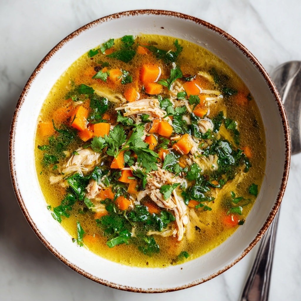 A white bowl is filled with a rich, golden broth containing shredded chicken pieces, bright orange carrot chunks, and translucent celery pieces. The soup is topped with fresh green cilantro leaves scattered across the surface. The texture shows a mix of tender shredded meat and soft cooked vegetables in a slightly oily, clear broth. The bowl sits on a dark plate against a white marbled background. photo taken with an iphone --ar 1:1 --v 7 — Green Chile Chicken Stew, green chile chicken stew recipe, easy chicken stew with green chiles, comforting green chile chicken dish, flavorful chicken and green chile stew