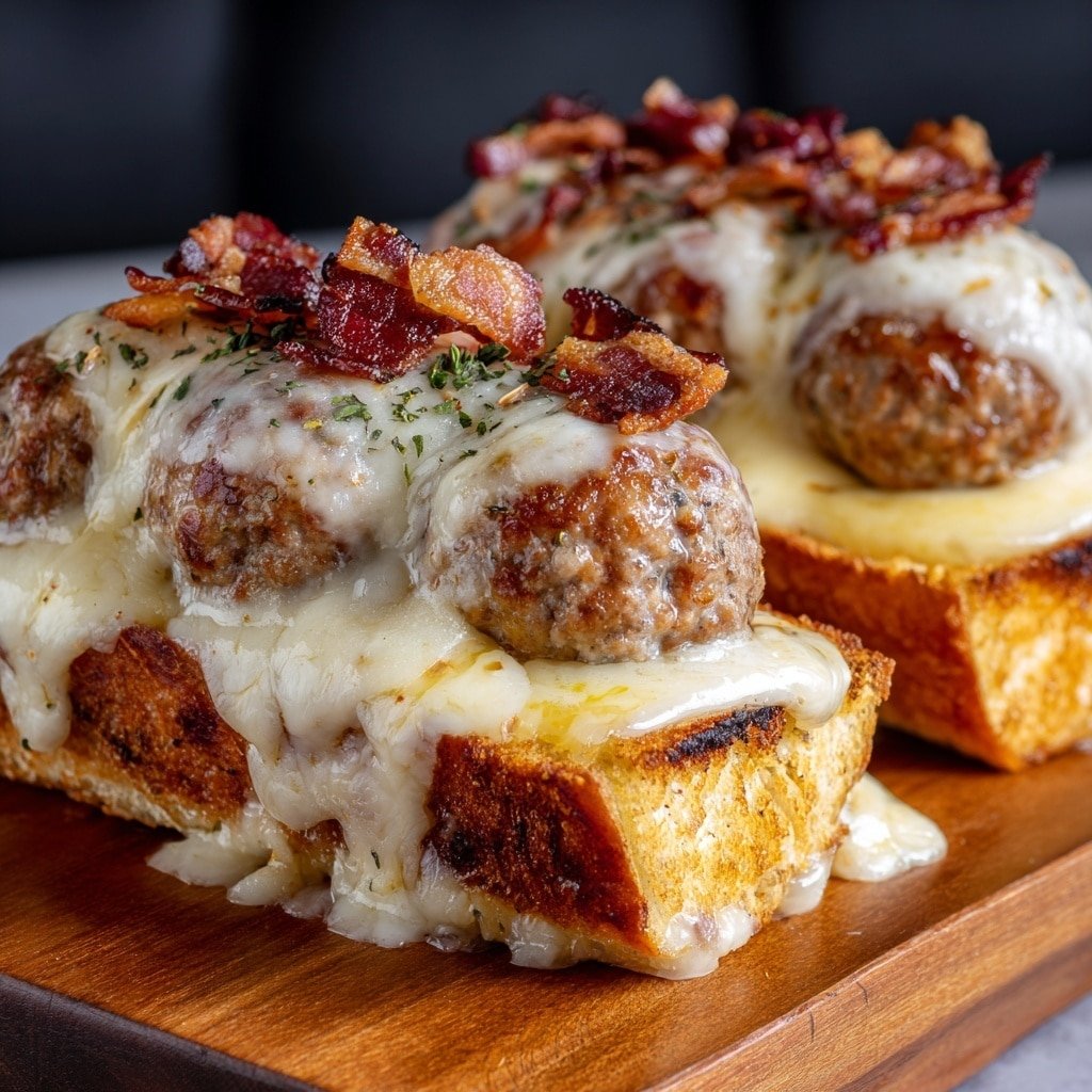 The image shows two sandwich rolls with three large round meatballs inside each. The sandwiches have a golden-brown toasted bread base forming the first layer, with the meatballs placed in the middle layer, covered in a thick layer of melted white and yellow cheese that drips slightly over the edges. On top of the cheese, small pieces of crispy, dark brown bacon are sprinkled, along with a few green herb flakes for garnish. The sandwiches rest on a wooden board with a blurred dark background, focusing on the detail and texture of the food. photo taken with an iphone --ar 1:1 --v 7 — Bourbon BBQ Bacon Meatballs, easy meatball recipe, savory bacon meatballs, foolproof BBQ meatballs, crowd-pleasing meatball recipe