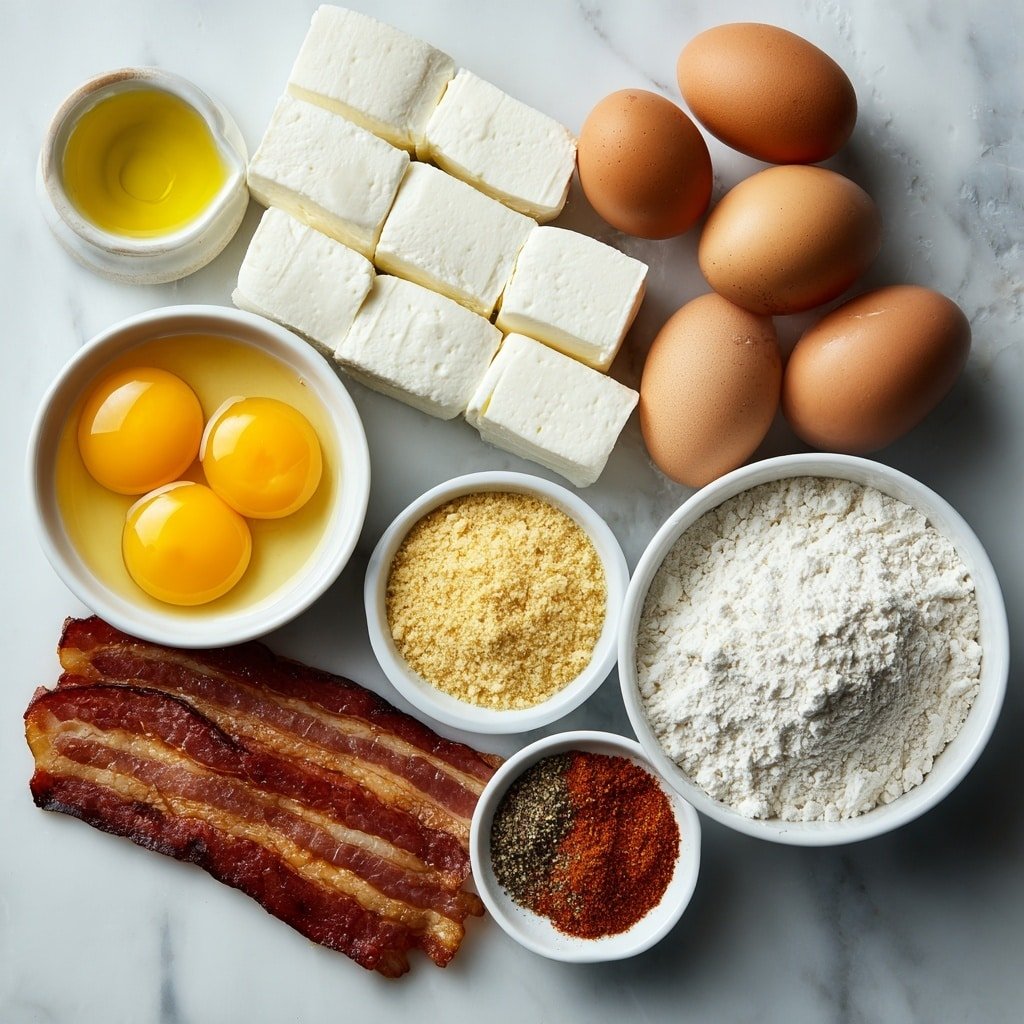 Flat lay of twelve fresh mozzarella sticks, eight raw slices of streaky bacon, a small white ceramic bowl of all-purpose flour, two whole uncracked large brown eggs, a small white ceramic bowl filled with golden breadcrumbs, a small white ceramic bowl containing a mixed blend of garlic powder, onion powder, paprika, salt, and black pepper, and a small white ceramic bowl with golden olive oil droplets, all arranged in perfect symmetry on a clean white marble surface, soft natural light, photo taken with an iPhone, professional food photography style, fresh ingredients, white ceramic bowls, no bottles, no duplicates, no utensils, no packaging --ar 1:1 --v 7 --p m7354639359234015250 — Crispy Bacon-Wrapped Mozzarella Sticks, bacon-wrapped appetizers, cheesy snack recipes, easy party appetizers, savory bacon desserts