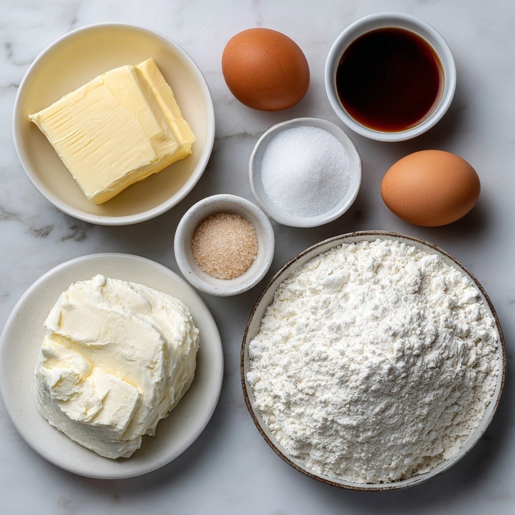 Flat lay of unsalted butter in a simple white ceramic bowl, granulated sugar in a small white bowl, two brown eggs with clean shells, a small white bowl of vanilla extract, a mound of all-purpose flour on a simple white plate, baking powder in a small white bowl, salt in a small white bowl, softened cream cheese on a simple white plate, placed on a clean white marble surface, soft natural light, photo taken with an iPhone, professional food photography style, fresh ingredients, white ceramic bowls, no bottles, no duplicates, no utensils, no packaging --ar 1:1 --v 7 --p m7354639359234015250 — Sugar Cookie Cheesecake Bars, Sugar Cookie Cheesecake Bars recipe, easy cheesecake bars, no-bake cheesecake bars, holiday cookie cheesecake