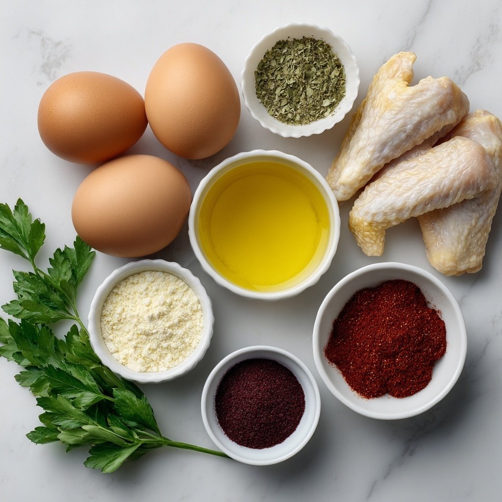 Flat lay of two whole uncracked brown eggs, a small pile of raw chicken wings, a few fresh sprigs of green parsley, a small white ceramic bowl of golden olive oil, a small white ceramic bowl filled with dark brown soft brown sugar, a small white ceramic bowl containing deep red smoked paprika powder, a small white ceramic bowl with mixed reddish-brown Cajun seasoning, a small white ceramic bowl with fine white garlic powder, a small white ceramic bowl of light beige onion powder, a small white ceramic bowl holding ground black pepper, a small white ceramic bowl with pure white salt crystals, and a small white ceramic bowl containing bright red cayenne pepper powder, all arranged symmetrically and freshly on a clean white marble surface, soft natural light, photo taken with an iPhone, professional food photography style, fresh ingredients, white ceramic bowls, no bottles, no duplicates, no utensils, no packaging --ar 1:1 --v 7 --p m7354639359234015250 — Brown Sugar Cajun Wings, Cajun Wings recipe, baked wings with Cajun spices, sweet and spicy wings, easy wing recipes