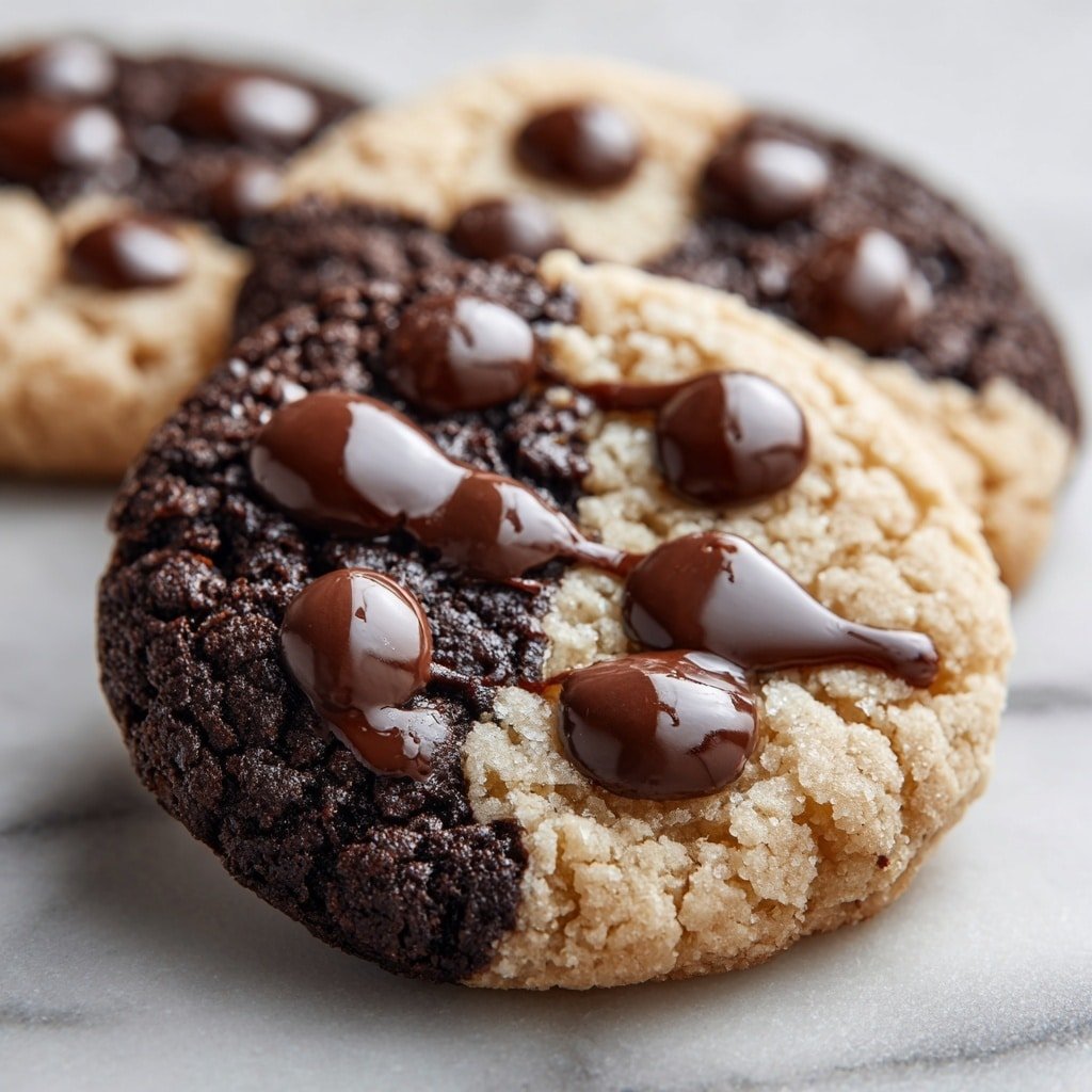 A round cookie with two distinct layers sits on a white marbled surface. The bottom layer is dark brown with a slightly rough texture, while the top layer is light beige with a soft and crumbly look, covering about half of the cookie unevenly. On the dark brown side, there are three shiny dollops of melted chocolate placed close together near the center, with bits of melted chocolate spreading slightly outward. The cookie's edges show a gentle rise and a mix of the two colors blending slightly. photo taken with an iphone --ar 1:1 --v 7 — Brookie Cookies with Chocolate Chips, best brookie recipe, chocolate chip cookie brownie combo, indulgent cookie brownie bars, easy brookie dessert