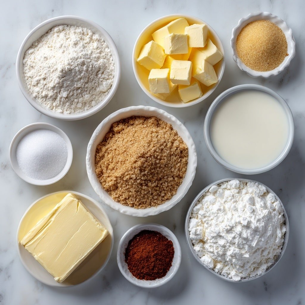 Flat lay of a small mound of all-purpose flour, a small pile of granulated sugar, a small heap of baking powder, a small heap of baking soda, a small pinch of salt, cold cubed unsalted butter pieces, a small white ceramic bowl with buttermilk, a small white ceramic bowl with vanilla extract, a small packed mound of brown sugar, a small pile of ground cinnamon, a small white ceramic bowl with melted unsalted butter, a block of softened cream cheese, softened unsalted butter scoop, a small mound of powdered sugar, a small white ceramic bowl with milk, a small white ceramic bowl with vanilla extract placed on a clean white marble surface, soft natural light, photo taken with an iPhone, professional food photography style, fresh ingredients, white ceramic bowls, no bottles, no duplicates, no utensils, no packaging --ar 1:1 --v 7 --p m7354639359234015250 — Cinnamon Roll Bliss Bars, cinnamon roll bars, easy cinnamon bar recipe, cinnamon dessert bars, cinnamon sweet treats