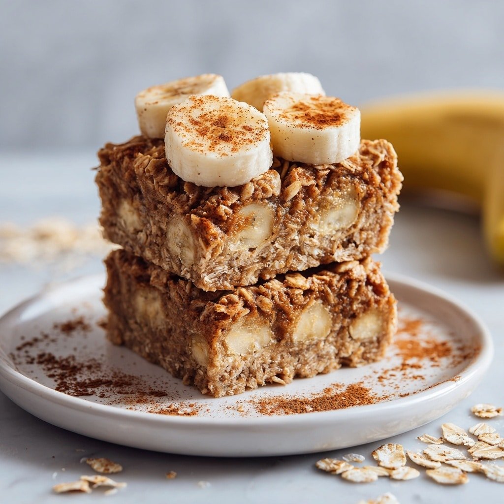 A square piece of baked oat bar with a rough, textured light brown surface sits on a white plate. On top of the oat bar, there are four round banana slices lightly dusted with cinnamon powder. More banana slices are arranged beside the oat bar on the plate. The plate rests on a white marbled surface with a light brown cloth draped nearby. In the background, a white cup filled with dark coffee and a spoon inside is visible, softly blurred. Photo taken with an iphone --ar 1:1 --v 7 — Banana Oatmeal Bars Healthy Snacks, wholesome banana oat bars recipe, easy homemade snack bars, nutritious banana oat bars, family-friendly healthy treats