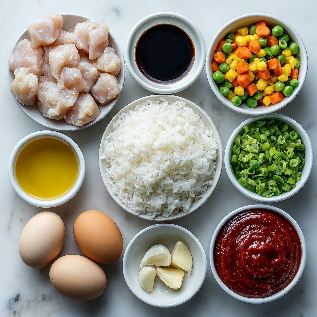 Easy Chicken Fried Rice Recipe - Ingredients Image — Easy Chicken Fried Rice, quick chicken fried rice recipe, homemade fried rice with chicken, flavorful chicken fried rice, simple Asian fried rice