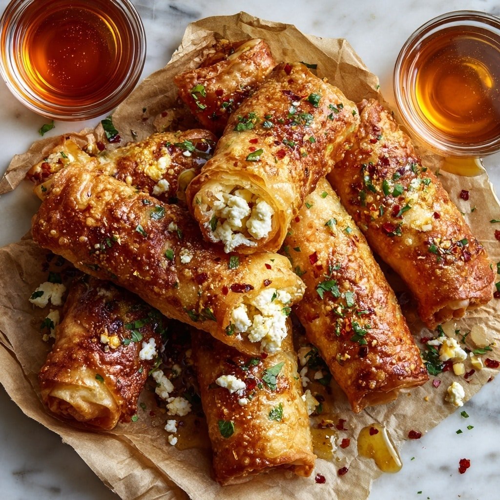 Oven-Fried Feta Rolls with Chili Honey Recipe - Article Image 1 — Oven-Fried Feta Rolls with Chili Honey, feta rolls recipe, crispy feta bites, baked feta appetizers, chili honey dipping sauce