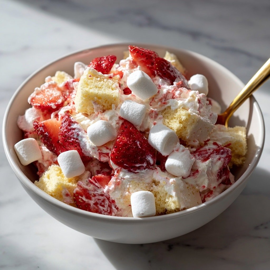 Strawberry Shortcake Fluff Salad Recipe - Article Image 2 — Strawberry Shortcake Fluff Salad, easy strawberry fluff dessert, no-bake strawberry salad, quick fruit salad recipes, summer strawberry dessert