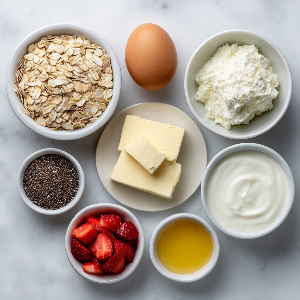 Flat lay of a small white ceramic bowl of rolled oats, a small white ceramic bowl of fresh whole milk, a small white ceramic bowl of creamy plain Greek yogurt, a small white ceramic bowl with two soft blocks of cream cheese, a single scoop of vanilla protein powder formed into a neat mound on a white ceramic plate, a small white ceramic bowl of black chia seeds, a small white ceramic bowl of golden honey, a small white ceramic bowl holding chopped bright red fresh strawberries, a single whole brown egg with a clean shell, and a small white ceramic bowl with a few drops of clear vanilla extract, all arranged in perfect symmetry and balanced proportions, placed on a clean white marble surface, soft natural light, photo taken with an iPhone, professional food photography style, fresh ingredients, white ceramic bowls, no bottles, no duplicates, no utensils, no packaging --ar 1:1 --v 7 --p m7354639359234015250 — Strawberry Protein Overnight Oats, healthy breakfast ideas, easy overnight oats, protein-packed oats, quick morning recipes
