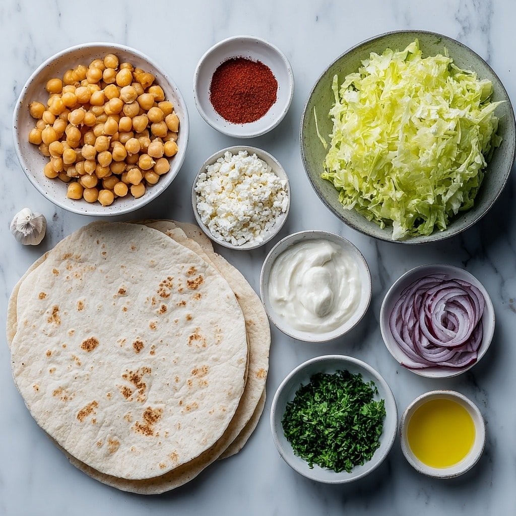 Flat lay of two large plain tortilla wraps, a small white bowl of golden chickpeas, a small white bowl of bright olive oil, loose smoked paprika powder scattered naturally, a small white bowl of pale garlic powder, a small white bowl of ground cumin, fresh coarse salt crystals, whole black peppercorns, a small white bowl of crisp shredded green lettuce, a small white bowl of vibrant grated orange carrots, a small white bowl of thinly sliced translucent cucumber rounds, thinly sliced rings of deep purple red onion arranged neatly, a small white bowl filled with chopped fresh green parsley, crumbled creamy white goat cheese, a small white bowl of thick Greek yogurt, a small white bowl with fresh lemon juice, a whole small garlic clove with pale papery skin intact, placed on a clean white marble surface, soft natural light, photo taken with an iPhone, professional food photography style, fresh ingredients, white ceramic bowls, no bottles, no duplicates, no utensils, no packaging --ar 1:1 --v 7 --p m7354639359234015250 — Spiced Chickpea and Red Pepper Wraps, vegan lunch ideas, healthy veggie wraps, easy vegetarian wraps, flavorful chickpea wraps