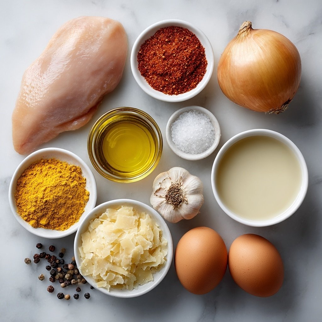 Flat lay of a raw chicken breast, a small pile of coarse salt crystals, a small white ceramic bowl of golden vegetable oil, a yellow onion whole and unpeeled, two cloves of garlic with papery skins, a small white ceramic bowl containing bright orange Aji Amarillo paste, a small heap of ground cumin powder, a small heap of bright yellow turmeric powder, a small white ceramic bowl filled with clear chicken broth, a small white ceramic bowl with creamy evaporated milk, a small white ceramic bowl holding light-colored potato flakes, a few black olives whole and glossy, two whole uncracked brown eggs, all arranged in perfect symmetry on a clean white marble surface, soft natural light, photo taken with an iPhone, professional food photography style, fresh ingredients, white ceramic bowls, no bottles, no duplicates, no utensils, no packaging --ar 1:1 --v 7 --p m7354639359234015250 — Churu Chicken Amarillo, Peruvian chicken dishes, Aji Amarillo chicken recipe, spicy creamy chicken, quick Peruvian chicken recipe