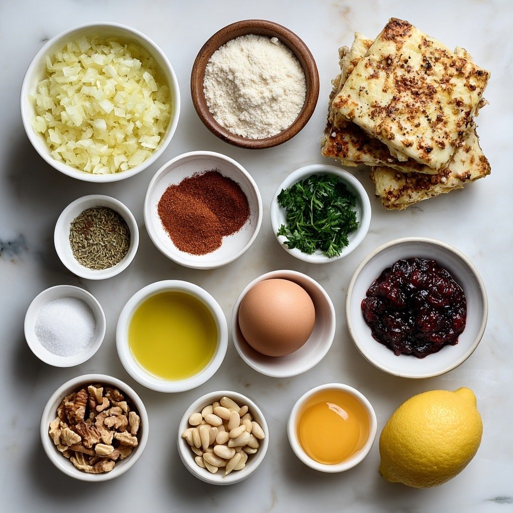 Flat lay of small white ceramic bowl with finely chopped yellow onions, small white ceramic bowl with rich golden extra virgin olive oil, small white ceramic bowl with bright red sumac powder, small white ceramic bowl with warm brown ground cumin, small white ceramic bowl with coarse sea salt, small white ceramic bowl with ground black pepper, small white ceramic bowl with mixed seven spice powder, small white ceramic bowl with glossy dark pomegranate molasses, shredded rotisserie chicken on a white ceramic plate, small white ceramic bowl with minced fresh garlic, small white ceramic bowl with ground cinnamon, small white ceramic bowl with ground cardamom, fresh lemon half, single whole uncracked brown egg, stack of smooth pale yellow egg roll wrappers on a white ceramic plate, small white ceramic bowl with toasted pine nuts, small white ceramic bowl with fresh chopped parsley, all arranged with perfect symmetry and balanced proportions placed on a clean white marble surface, soft natural light, photo taken with an iPhone, professional food photography style, fresh ingredients, white ceramic bowls, no bottles, no duplicates, no utensils, no packaging --ar 1:1 --v 7 --p m7354639359234015250 — Msakhan Egg Roll Highlights, Middle Eastern egg roll recipes, savory chicken and onion appetizers, crispy egg roll variations, delicious Middle Eastern snacks