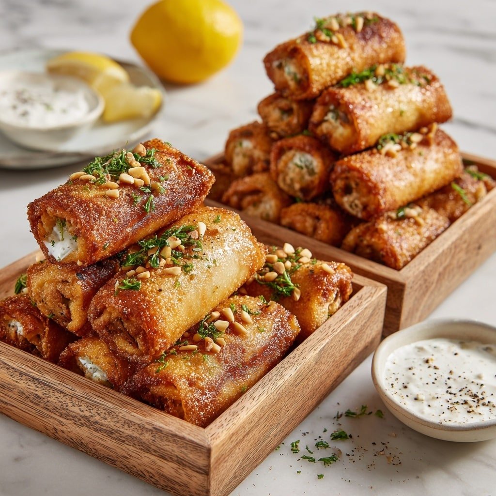 A wooden tray lined with parchment paper holds two rows of golden-brown rolls, each with a crispy, slightly blistered outer layer that glistens with oil. The rolls have a tight, even shape and are topped with small pine nuts and scattered green herbs, likely parsley, adding a fresh pop of color. A sprinkling of dark spices creates a contrast over the warm tones of the rolls. To the side, a white bowl with light-colored dipping sauce speckled with black pepper rests on a white marbled surface, enhancing the presentation. Photo taken with an iphone --ar 1:1 --v 7 — Msakhan Egg Roll Highlights, Middle Eastern egg roll recipes, savory chicken and onion appetizers, crispy egg roll variations, delicious Middle Eastern snacks