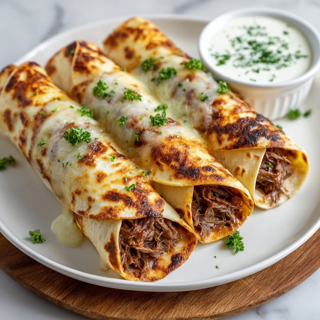 French Dip Tortilla Roll-Ups with Au Jus Recipe - Article Image 2 — French Dip Tortilla Roll-Ups with Au Jus, easy French dip sandwiches, savory tortilla roll-ups, hearty appetizer recipes, cozy comfort food