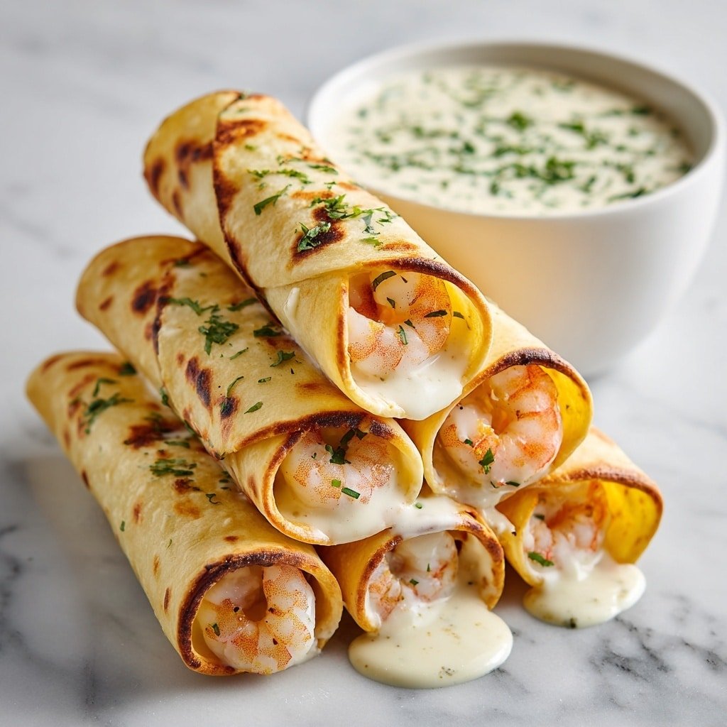 The image shows six rolled crepes stacked in two layers with three crepes in the bottom layer and three in the top. Each crepe is golden brown with small darker spots and filled with a creamy white sauce and shrimp pieces that are pink and white. The creamy sauce oozes slightly from the ends of the rolls and is sprinkled lightly with small green parsley leaves. In the background, there is a small white bowl filled with white creamy sauce topped with a few green parsley leaves. The dish is presented on a surface with a white marbled texture. Photo taken with an iphone --ar 1:1 --v 7 — Crab and Shrimp Queso Rolls, seafood appetizer, cheesy seafood roll recipe, easy seafood quesadilla, seafood party snacks