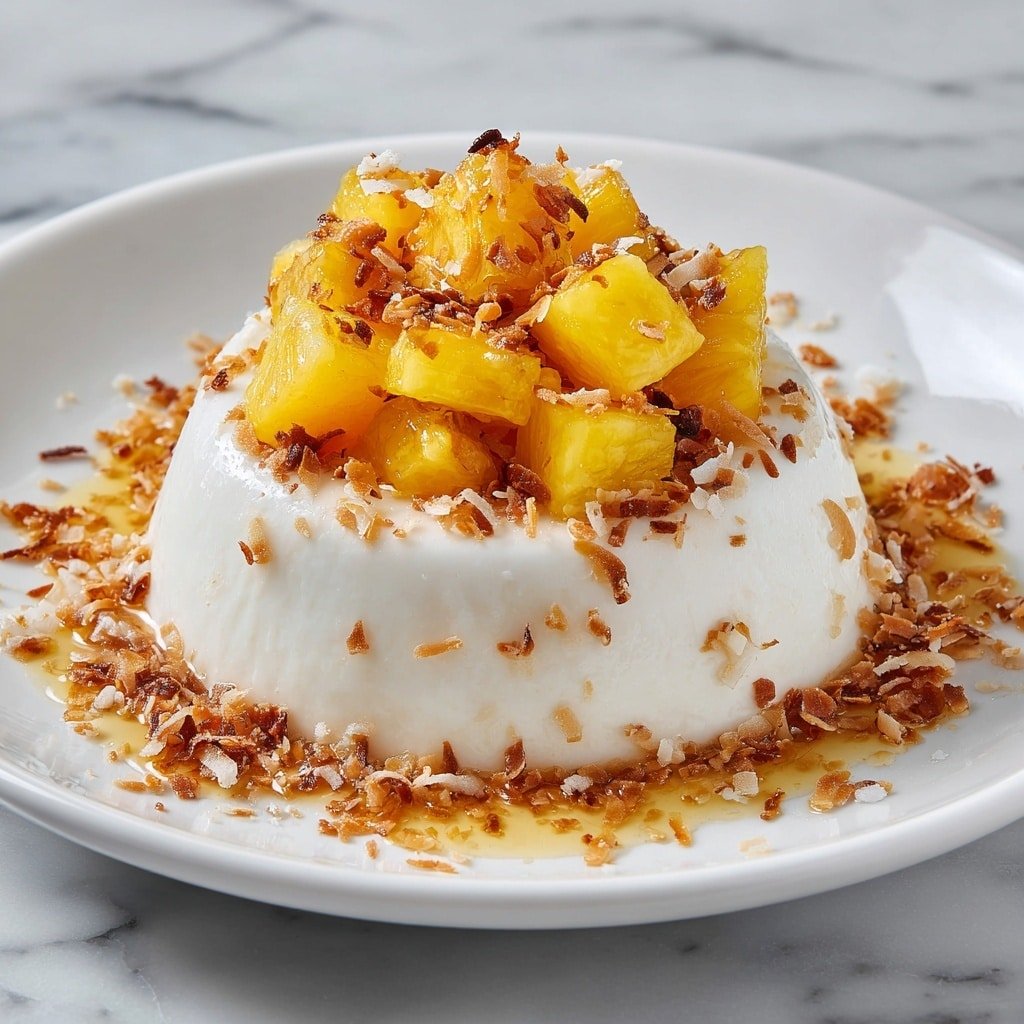 A smooth, creamy white panna cotta sits in the center of a white plate, topped with golden caramelized pineapple chunks. Around the base of the panna cotta, there is a ring of toasted coconut flakes mixed with a glossy amber syrup, adding texture and color contrast. The panna cotta has a delicate shine, and the pineapple pieces show a slightly caramelized surface with a mix of yellow and browned tones. The overall look is rich and inviting, on a white marbled surface. photo taken with an iphone --ar 1:1 --v 7 — Coconut Cream Panna Cotta with Pineapple, easy tropical dessert, vegan panna cotta recipe, coconut dessert recipes, pineapple panna cotta