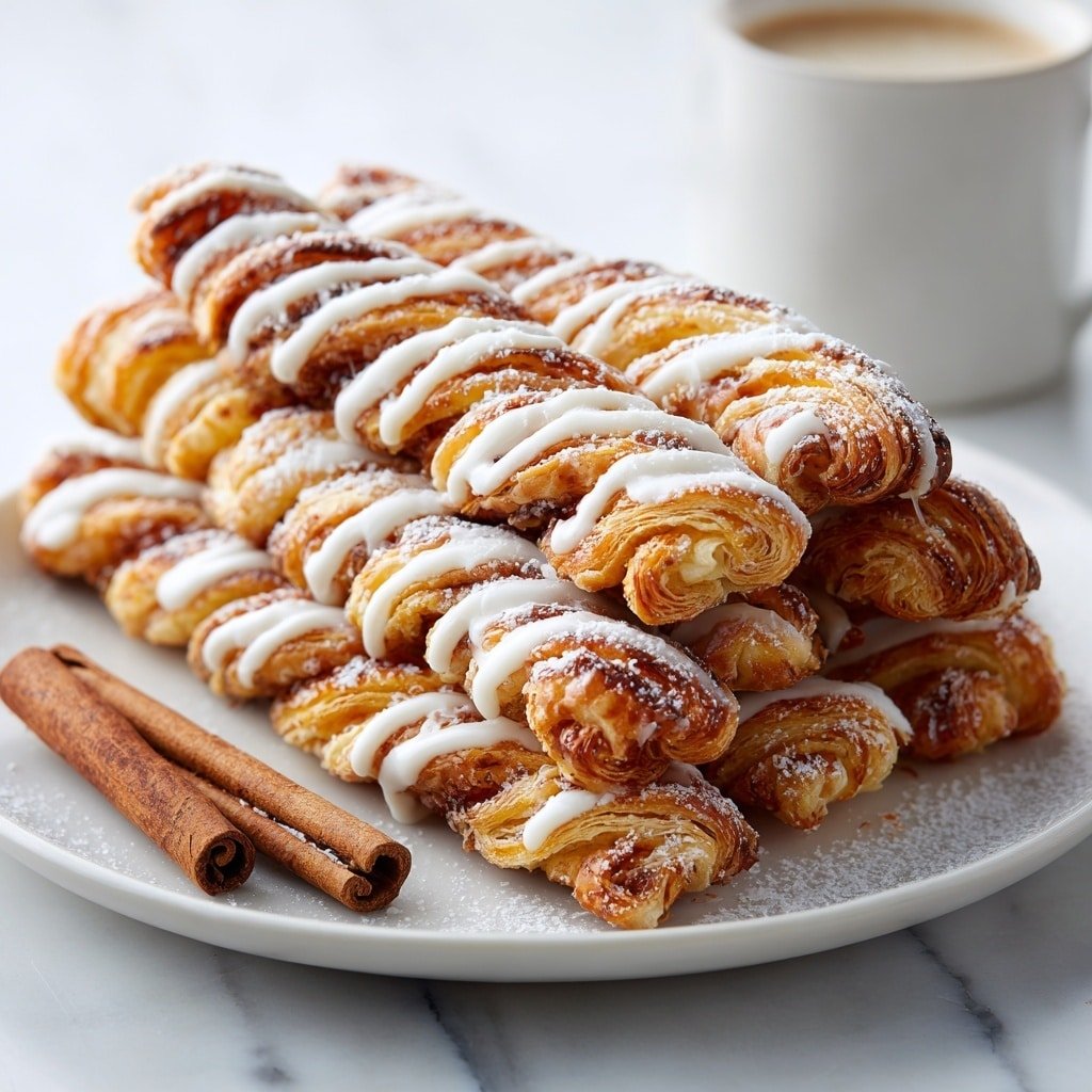 The image shows a stack of twisted pastry sticks on a white plate set on a white marbled surface. Each stick has multiple layers of golden brown flaky dough twisted tightly, with a slightly caramelized texture on the outer layers. The pastries are drizzled with thick white icing in diagonal lines and lightly dusted with powdered sugar, adding contrast to the golden layers. Two cinnamon sticks lie next to the plate on the surface, adding a warm brown color accent. In the background, a blurry white cup is visible, complementing the clean and simple color palette. photo taken with an iphone --ar 1:1 --v 7 — Cinnamon Twists, Cinnamon Twists Recipe, Easy Cinnamon Pastry, Cinnamon Baked Goods, Flaky Cinnamon Pastries