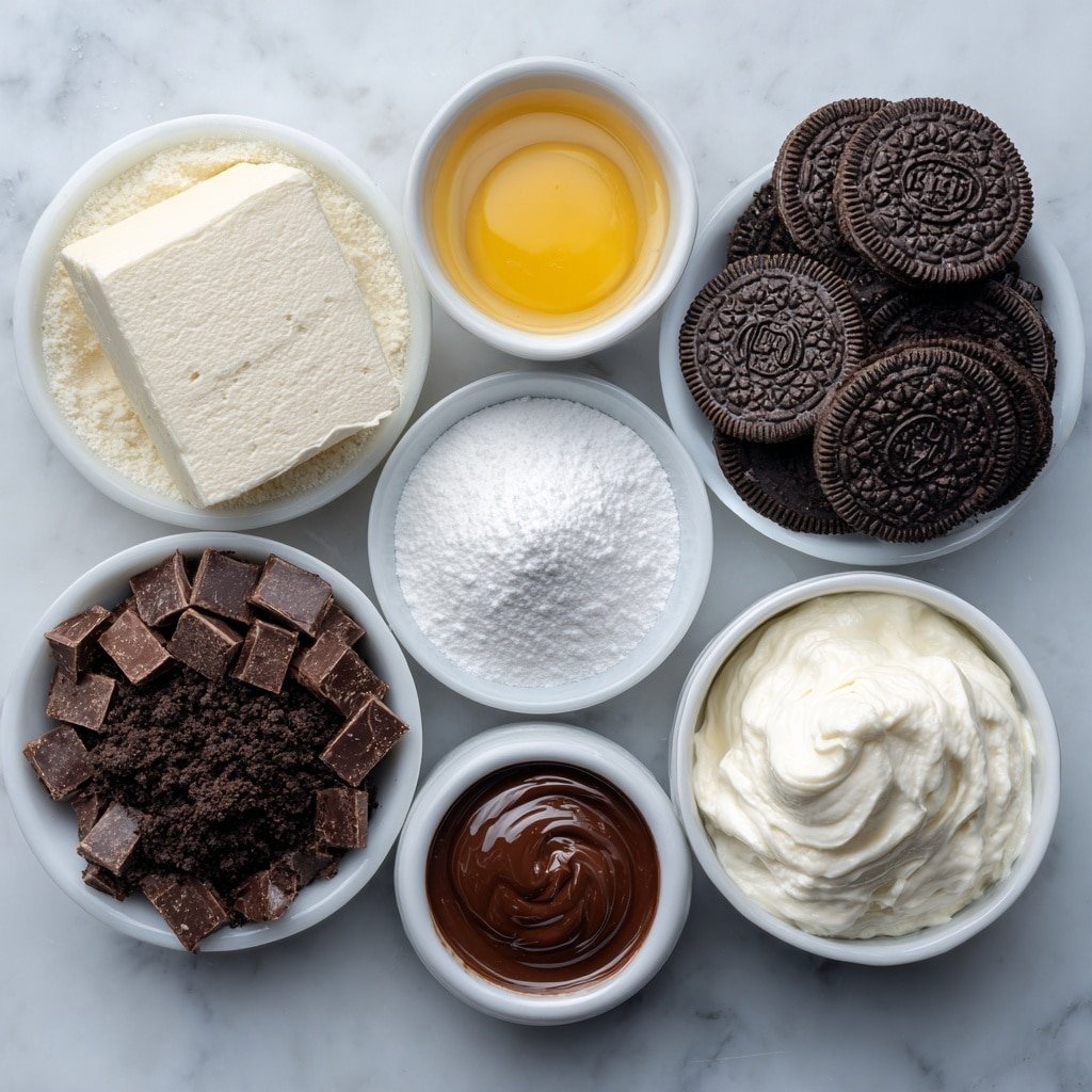 No-Bake Chocolate Oreo Cheesecake Recipe - Ingredients Image — No-Bake Chocolate Oreo Cheesecake, no-bake chocolate cheesecake, Oreo cheesecake recipe, easy no-bake desserts, quick chocolate cheesecake