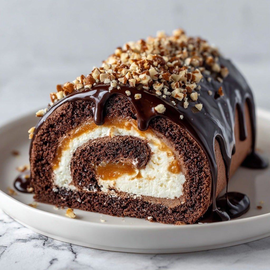 Chocolate Caramel Turtle Cake Roll Recipe - Article Image 1 — Chocolate Caramel Turtle Cake Roll, chocolate caramel cake roll, turtle cake roll recipe, caramel pecan cake roll, chocolate ganache cake roll