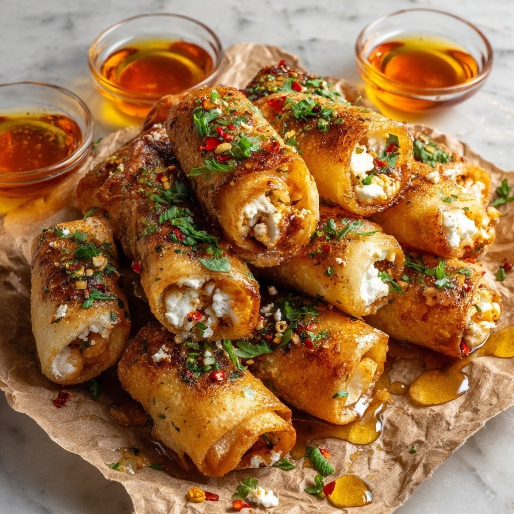 Oven-Fried Feta Rolls with Chili Honey Recipe - Article Image 2 — Oven-Fried Feta Rolls with Chili Honey, feta rolls recipe, crispy feta bites, baked feta appetizers, chili honey dipping sauce