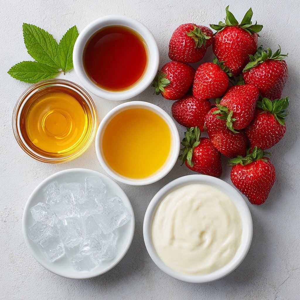 Vegan Strawberry Milkshake Recipe - Ingredients Image — Vegan Strawberry Milkshake, vegan strawberry smoothie, plant-based strawberry milkshake, dairy-free strawberry shake, healthy vegan milkshake