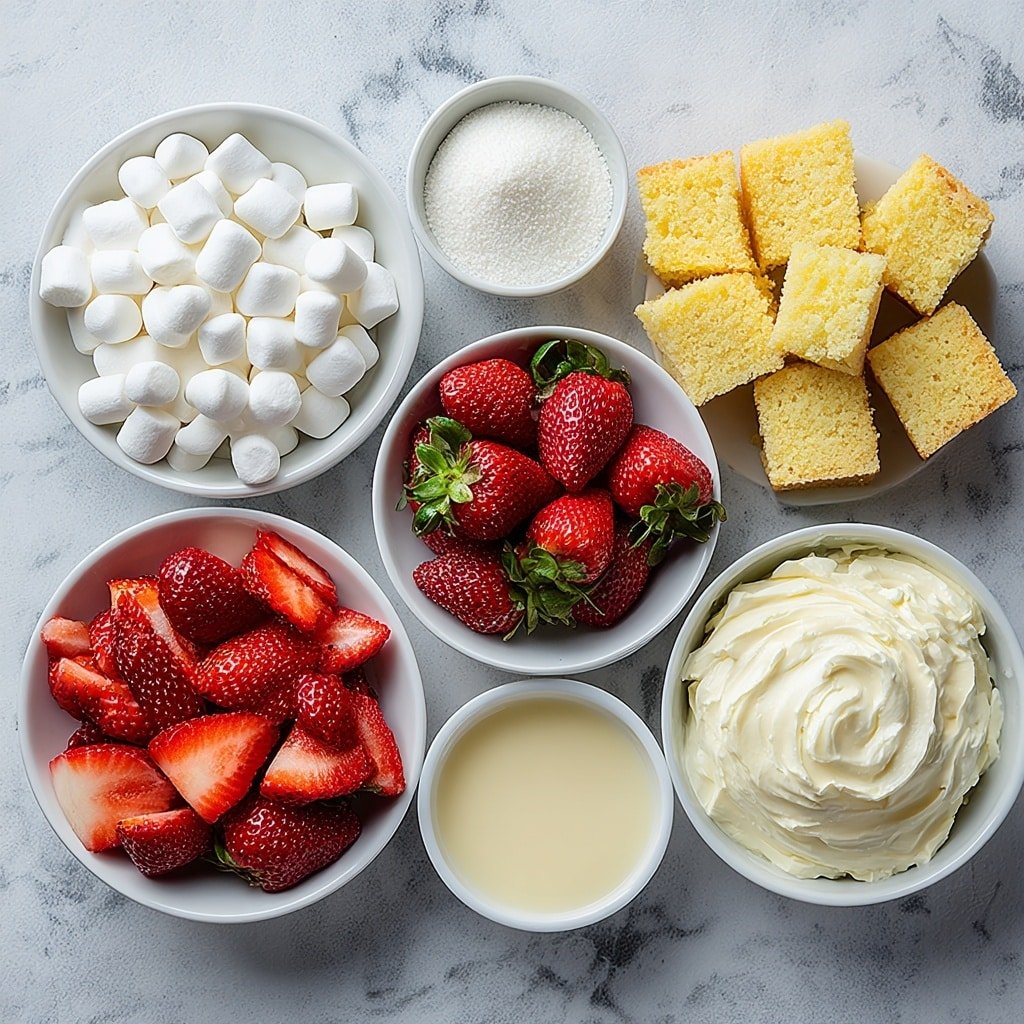Strawberry Shortcake Fluff Salad Recipe - Ingredients Image — Strawberry Shortcake Fluff Salad, easy strawberry fluff dessert, no-bake strawberry salad, quick fruit salad recipes, summer strawberry dessert