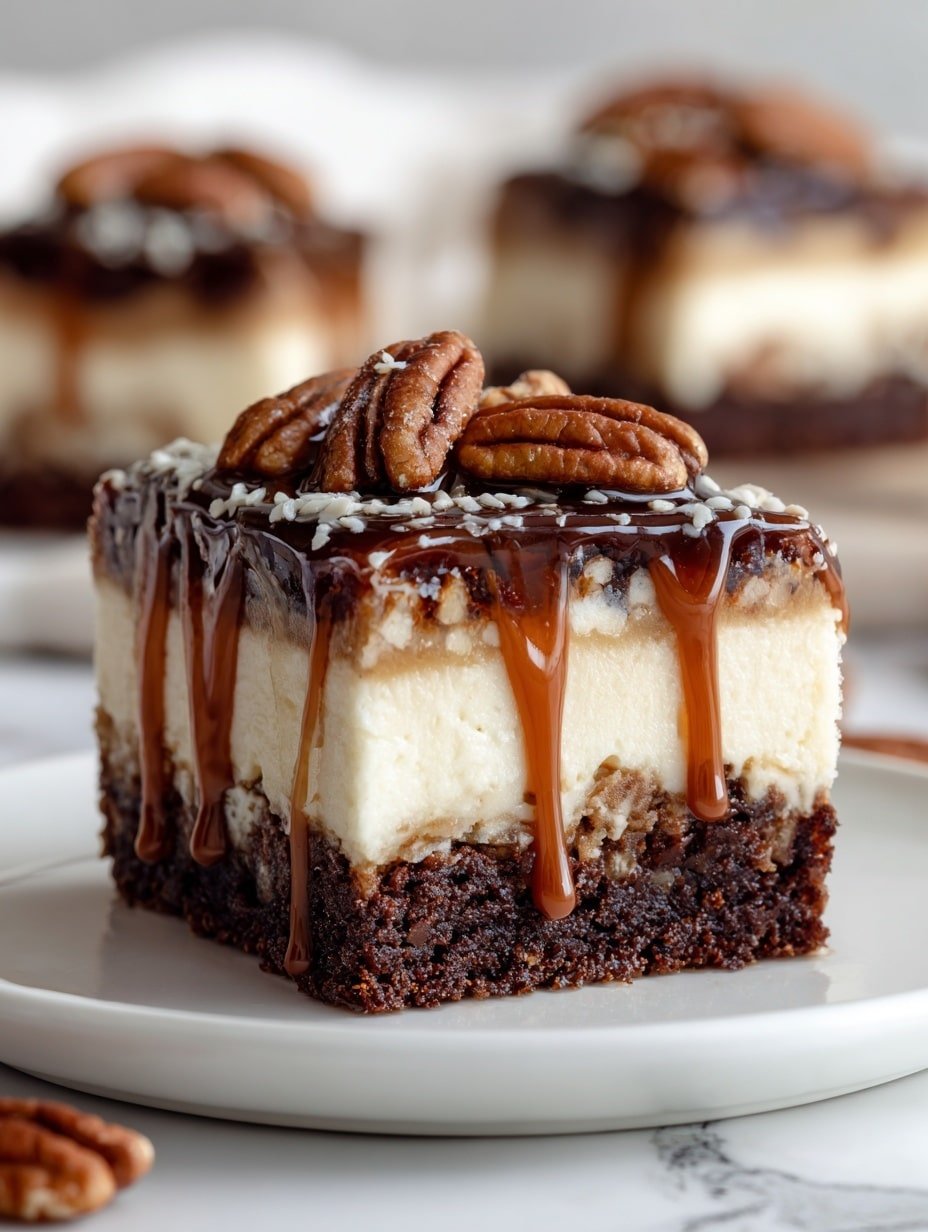 Caramel Turtle Cheesecake Brownies Recipe - Article Image 1 — Caramel Turtle Cheesecake Brownies, Turtle Cheesecake Brownies, fudge brownie desserts, caramel brownie recipes, layered cheesecake brownies