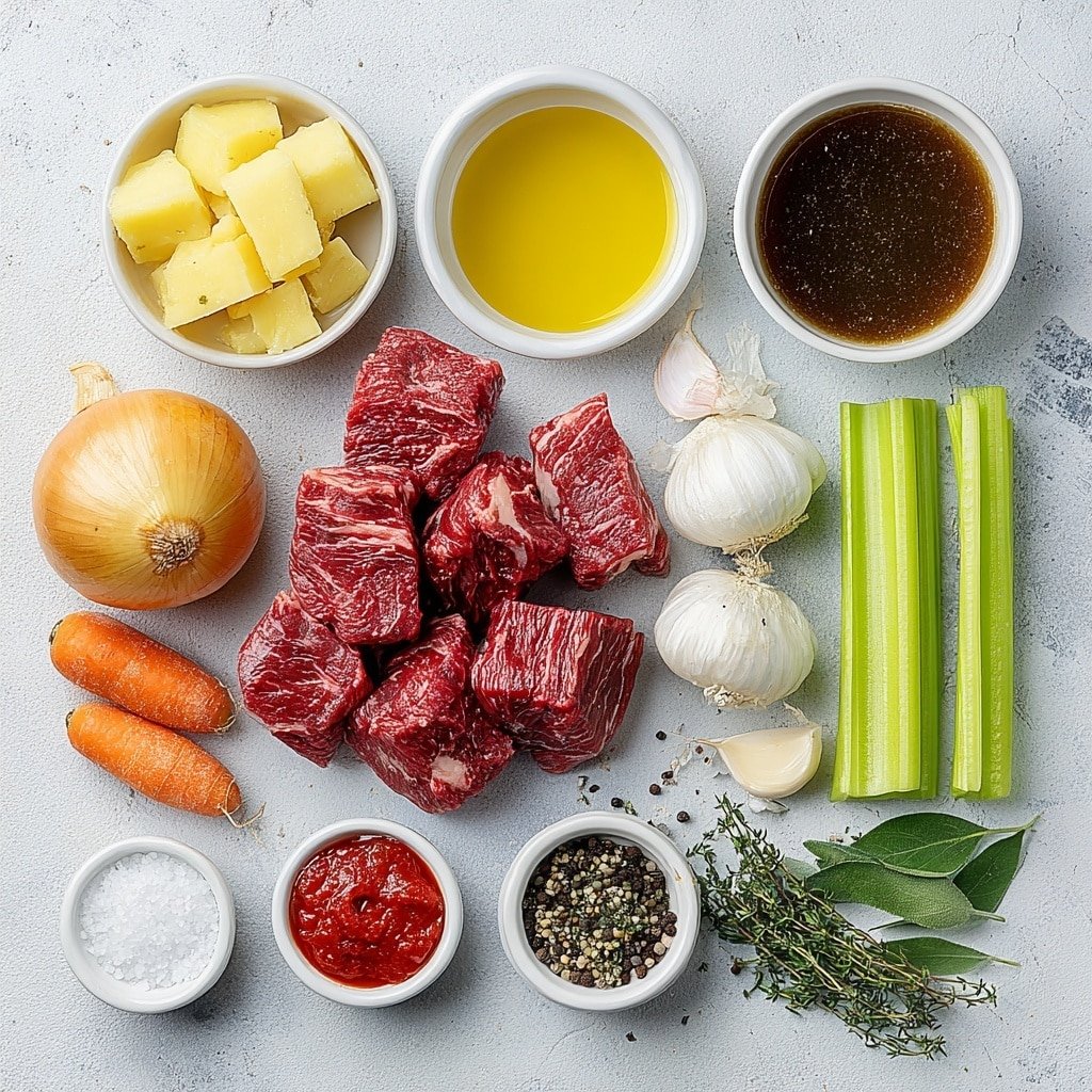 Hearty Dutch Oven Beef Stew Recipe - Ingredients Image — Hearty Dutch Oven Beef Stew, Dutch Oven Beef Stew Recipe, Comforting Beef Stew, Slow Cooker Beef Stew, Easy Beef Stew