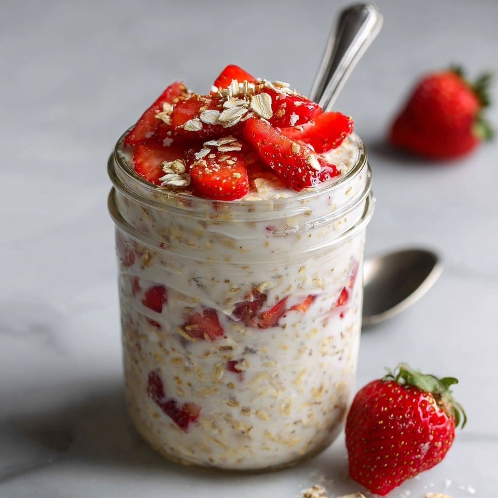 A clear glass jar filled with three main layers: the bottom layer is a creamy mixture with small pieces of red strawberry visible through the jar; the middle layer is thick white yogurt mixed with oats and bits of strawberries; the top layer features white yogurt topped with bright red sliced strawberries and sprinkled with small chunks of light brown crumbly topping. A thin drizzle of caramel-colored syrup decorates the top edge of the jar. The jar sits on a white marbled surface with a metal spoon placed nearby and whole strawberries scattered around. Photo taken with an iphone --ar 1:1 --v 7 — Strawberry Protein Overnight Oats, healthy breakfast ideas, easy overnight oats, protein-packed oats, quick morning recipes
