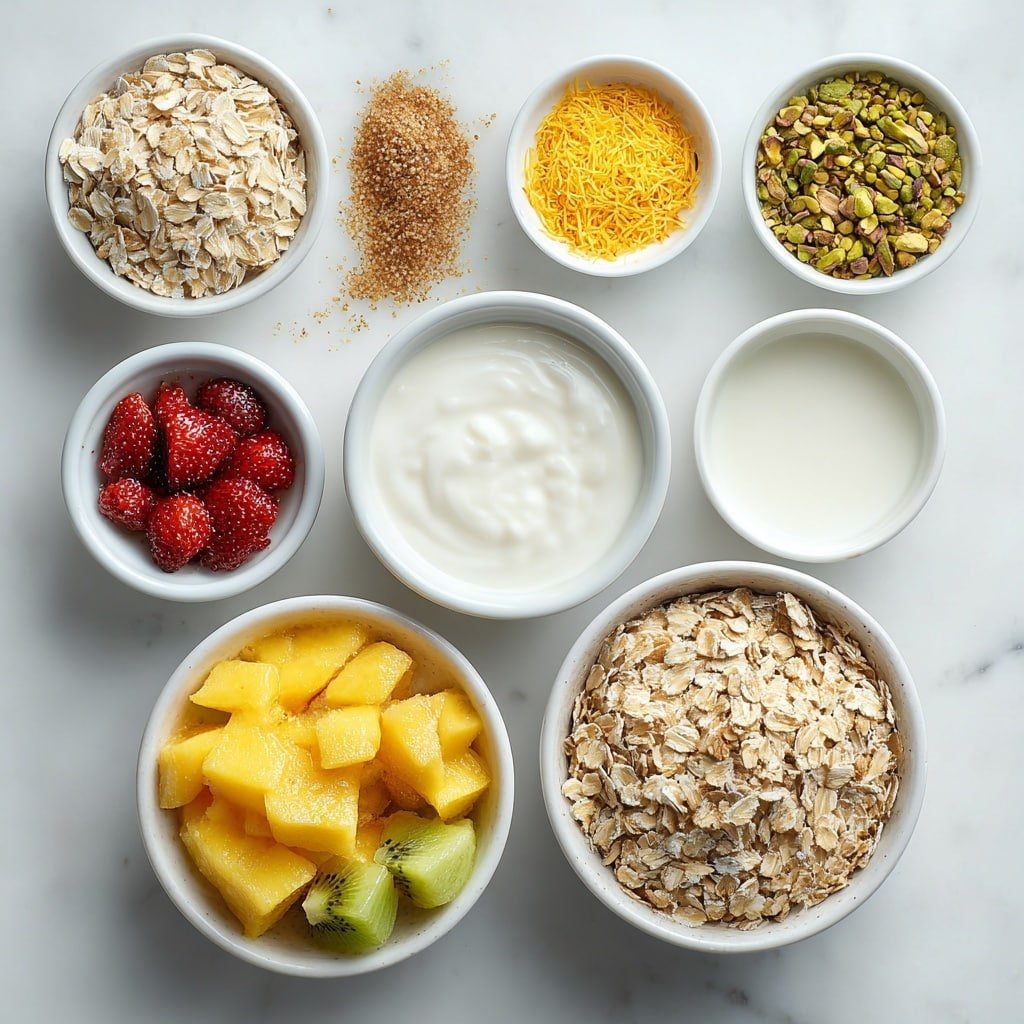 Flat lay of a medium white ceramic bowl filled with rolled oats, a small white bowl of almond milk, a small white bowl of sweetened condensed milk, a tiny white bowl containing golden saffron strands soaked in warm milk, a small white bowl with green chopped pistachios, a small white bowl with light brown chopped almonds, a small white bowl of pale yellow cardamom powder, a small white bowl of clear rose water, and several fresh fruit slices neatly arranged on a simple white ceramic plate, all placed on a clean white marble surface, soft natural light, photo taken with an iPhone, professional food photography style, fresh ingredients, white ceramic bowls, no bottles, no duplicates, no utensils, no packaging --ar 1:1 --v 7 --p m7354639359234015250 — Kulfi Flavored Overnight Oats, Indian-inspired overnight oats, creamy breakfast recipes, pistachio almond oats, saffron rose water oats