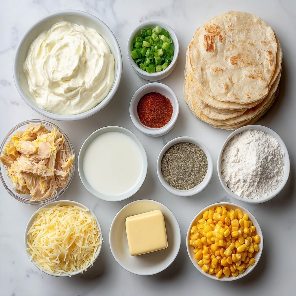 Flat lay of a small white bowl of smooth sour cream, a few finely chopped fresh green chilis, a small white bowl with ground cumin powder, a small white bowl with chili powder, a small white bowl of black pepper, a small mound of all-purpose flour, a small white bowl of skim milk, a small white bowl of clear chicken broth, a small pat of unsalted butter, a handful of thinly sliced green onions, a nest of cooked shredded chicken, a small pile of frozen yellow corn kernels, a stack of small fresh corn tortillas, and a small heap of shredded mozzarella cheese, all arranged symmetrically in realistic proportions on simple white ceramic dishes, placed on a clean white marble surface, soft natural light, photo taken with an iPhone, professional food photography style, fresh ingredients, white ceramic bowls, no bottles, no duplicates, no utensils, no packaging --ar 1:1 --v 7 --p m7354639359234015250 — White Chicken Chili Tacos, chicken chili tacos, creamy chicken taco recipe, simple taco dinner, comforting taco recipes
