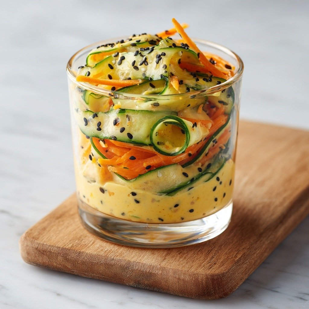 A clear glass is filled with a thick salad made of cucumber slices and thin orange carrot sticks, all coated in a creamy yellow sauce with visible black sesame seeds scattered throughout. The salad mounds above the rim of the glass, showing the layers of fresh cucumber and carrot mixed thoroughly in the sauce. The glass sits on a warm wooden board set on a white marbled surface. photo taken with an iphone --ar 1:1 --v 7 — Creamy Asian Cucumber Salad Bowl, Asian cucumber salad, healthy cucumber salad, vegan Asian salad, easy Asian salad bowl