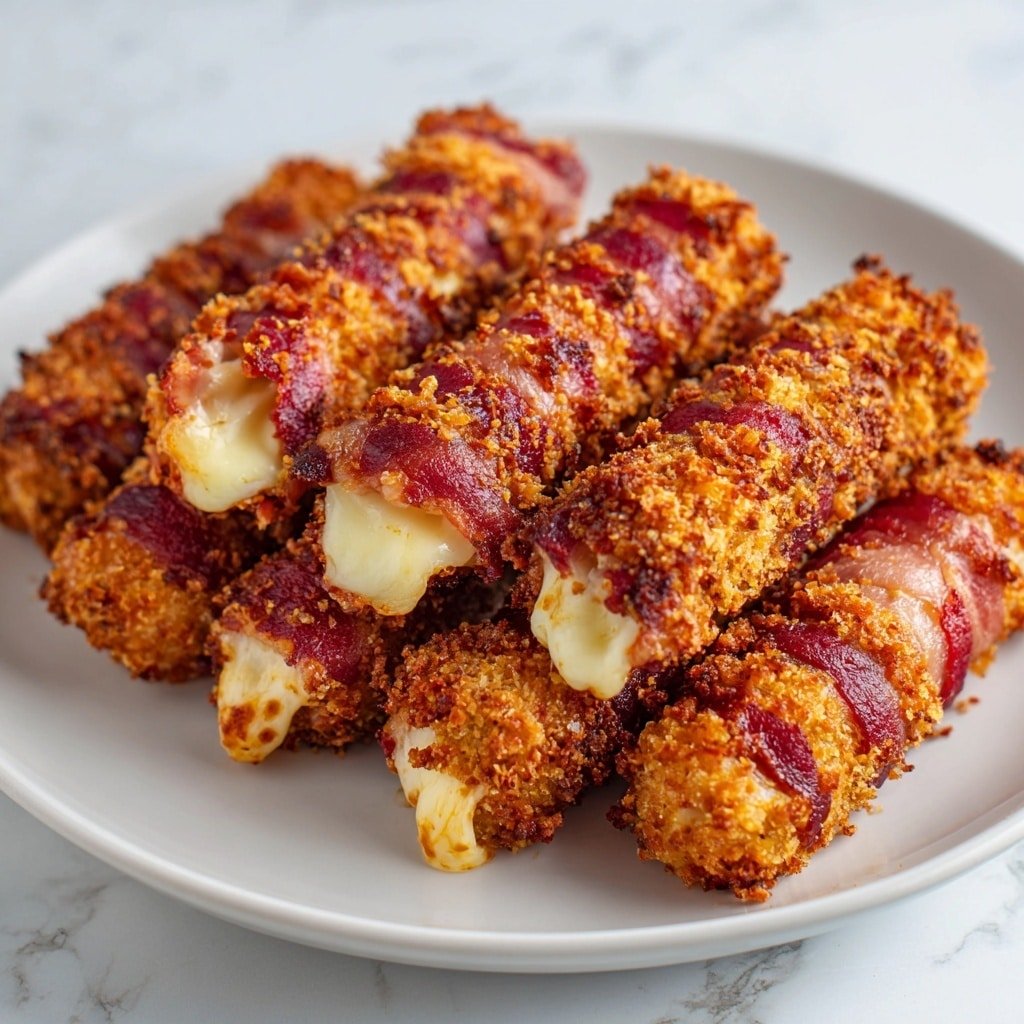 Crispy Bacon-Wrapped Mozzarella Sticks Recipe - Article Image 2 — Crispy Bacon-Wrapped Mozzarella Sticks, bacon-wrapped appetizers, cheesy snack recipes, easy party appetizers, savory bacon desserts