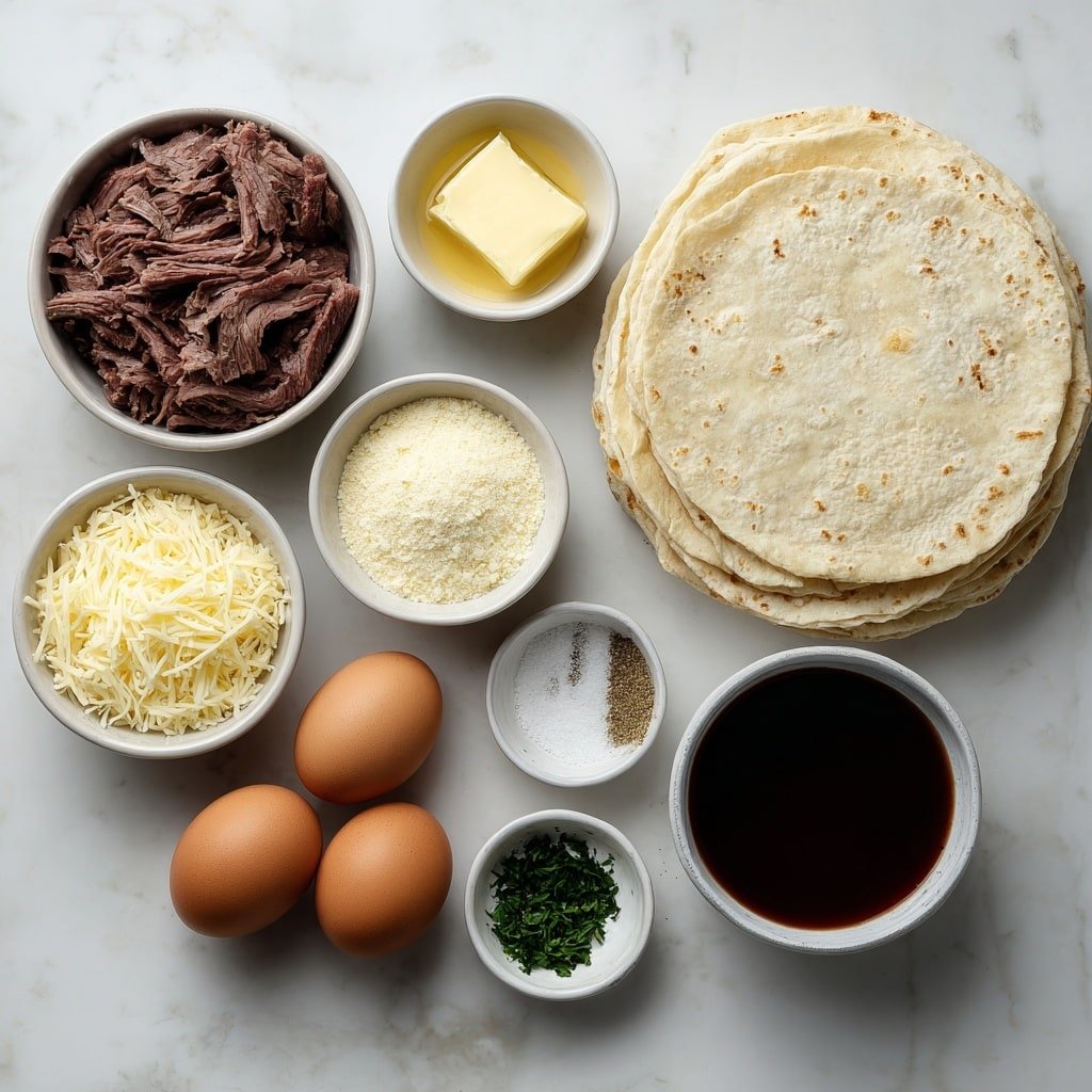 Flat lay of thinly sliced roast beef arranged in a small stack, shredded mozzarella cheese in a small white ceramic bowl, four soft large flour tortillas neatly stacked, a small white bowl with melted butter, small white bowls containing garlic powder, onion powder, and dried parsley each as fine powders, a small white bowl filled with dark beef broth, a small white bowl with dark Worcestershire sauce, a small white bowl with soy sauce, and two whole uncracked brown eggs placed symmetrically, all ingredients placed on a clean white marble surface, soft natural light, photo taken with an iPhone, professional food photography style, fresh ingredients, white ceramic bowls, no bottles, no duplicates, no utensils, no packaging --ar 1:1 --v 7 --p m7354639359234015250 — French Dip Tortilla Roll-Ups with Au Jus, easy French dip sandwiches, savory tortilla roll-ups, hearty appetizer recipes, cozy comfort food
