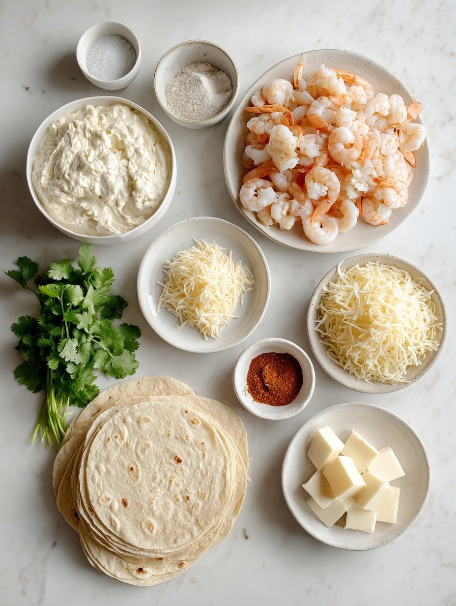 Flat lay of cooked shrimp, cooked crab meat shredded, a small mound of shredded Monterey Jack cheese, a softened block of cream cheese, a small white bowl of mild queso dip, a small bunch of fresh cilantro sprigs, a small white bowl containing garlic powder, a small white bowl containing smoked paprika, a stack of small flour tortillas, a small white bowl with butter chunks, all arranged symmetrically in a balanced layout on simple white ceramic bowls and plates, placed on a clean white marble surface, soft natural light, photo taken with an iPhone, professional food photography style, fresh ingredients, white ceramic bowls, no bottles, no duplicates, no utensils, no packaging --ar 1:1 --v 7 --p m7354639359234015250 — Crab and Shrimp Queso Rolls, seafood appetizer, cheesy seafood roll recipe, easy seafood quesadilla, seafood party snacks