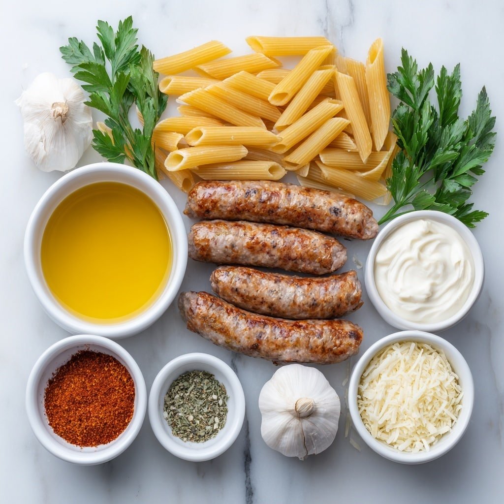 Flat lay of a small heap of uncooked penne pasta, several slices of fresh Cajun-style turkey sausage with natural browned edges, a small diced white onion, three whole uncracked garlic cloves with papery skin, a few sprigs of vibrant fresh parsley, a small white ceramic bowl filled with golden olive oil, a small white ceramic bowl with thick heavy cream, a small white ceramic bowl containing light amber chicken broth, a small white ceramic bowl with fine reddish-brown Cajun seasoning powder, a small white ceramic bowl of bright red paprika powder, a small white ceramic bowl of grated pale yellow Parmesan cheese, all arranged symmetrically with balanced spacing, placed on a clean white marble surface, soft natural light, photo taken with an iPhone, professional food photography style, fresh ingredients, white ceramic bowls, no bottles, no duplicates, no utensils, no packaging --ar 1:1 --v 7 --p m7354639359234015250 — Creamy Cajun Sausage Pasta, Cajun sausage pasta recipe, quick creamy pasta dinner, smoky Cajun pasta, easy weeknight pasta