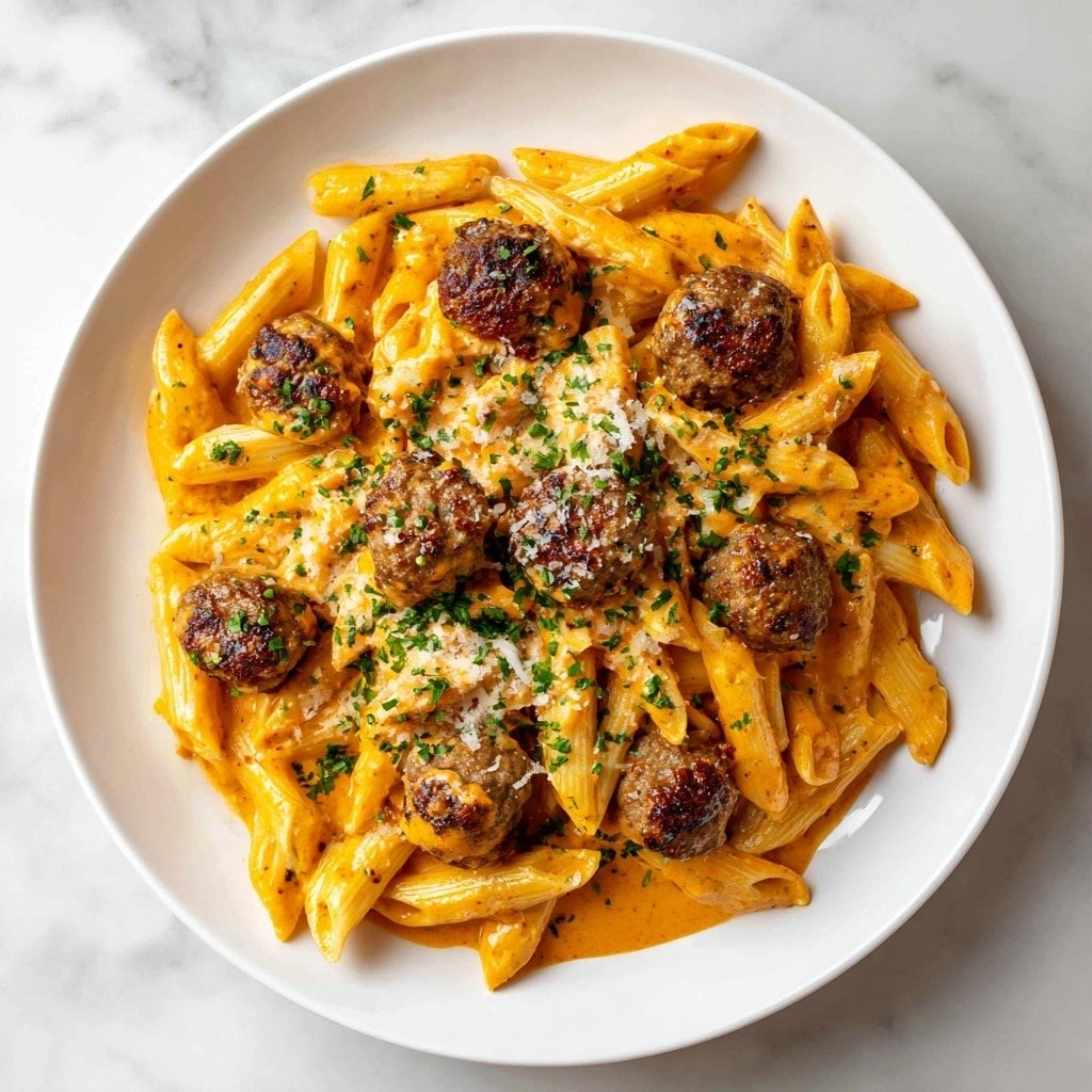 A white round plate holds a creamy pasta dish with three main layers. The bottom layer is penne pasta covered in a smooth, rich orange sauce. On top of this, there are browned meatballs scattered evenly, each with a slightly crispy outside. The dish is finished with a sprinkle of chopped green herbs evenly spread over the pasta and meatballs. The plate rests on a white marbled surface. photo taken with an iphone --ar 1:1 --v 7 — Creamy Cajun Sausage Pasta, Cajun sausage pasta recipe, quick creamy pasta dinner, smoky Cajun pasta, easy weeknight pasta