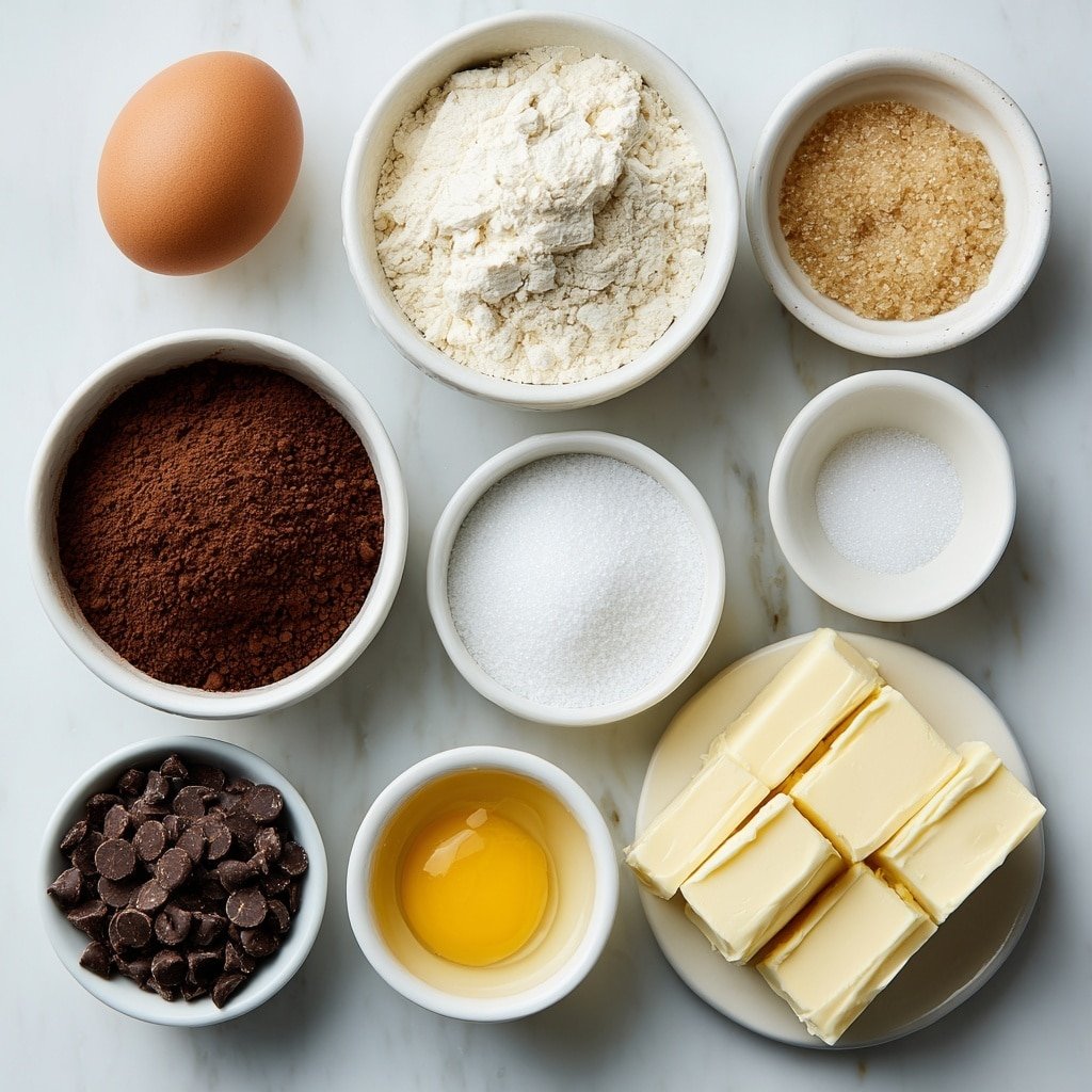 Flat lay of room temperature unsalted butter in a small white ceramic bowl, a few light brown sugar crystals in a small white ceramic bowl, granulated sugar in a small white ceramic bowl, one large whole brown egg with a clean shell, a small white ceramic bowl of vanilla liquid, a small white ceramic bowl filled with rich Dutch-process cocoa powder, a small white ceramic bowl of all-purpose flour, a small white ceramic bowl with baking soda powder, a small white ceramic bowl with salt crystals, semi-sweet chocolate chips piled in a small white ceramic bowl, cold cubed unsalted butter arranged neatly on a white ceramic plate, one egg yolk in a small white ceramic bowl, a small white ceramic bowl with cornstarch powder placed on a clean white marble surface, soft natural light, photo taken with an iPhone, professional food photography style, fresh ingredients, white ceramic bowls, no bottles, no duplicates, no utensils, no packaging --ar 1:1 --v 7 --p m7354639359234015250 — Brookie Cookies with Chocolate Chips, best brookie recipe, chocolate chip cookie brownie combo, indulgent cookie brownie bars, easy brookie dessert