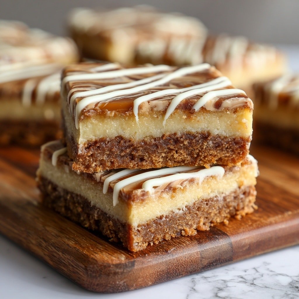 A stack of three square dessert bars on a white plate with ridged edges, placed on a white marbled surface. Each bar shows three distinct layers: the bottom layer is a golden-brown crumbly crust with visible bits of nuts; the middle layer is a rich, sticky, dark brown filling with small, crunchy nut pieces; the top layer is a smooth, creamy, off-white icing with neat, thin diagonal drizzles of dark chocolate, creating a striped pattern. The bars are stacked unevenly, showing the textured sides and glossy top clearly. photo taken with an iphone --ar 1:1 --v 7 — Cinnamon Roll Bliss Bars, cinnamon roll bars, easy cinnamon bar recipe, cinnamon dessert bars, cinnamon sweet treats