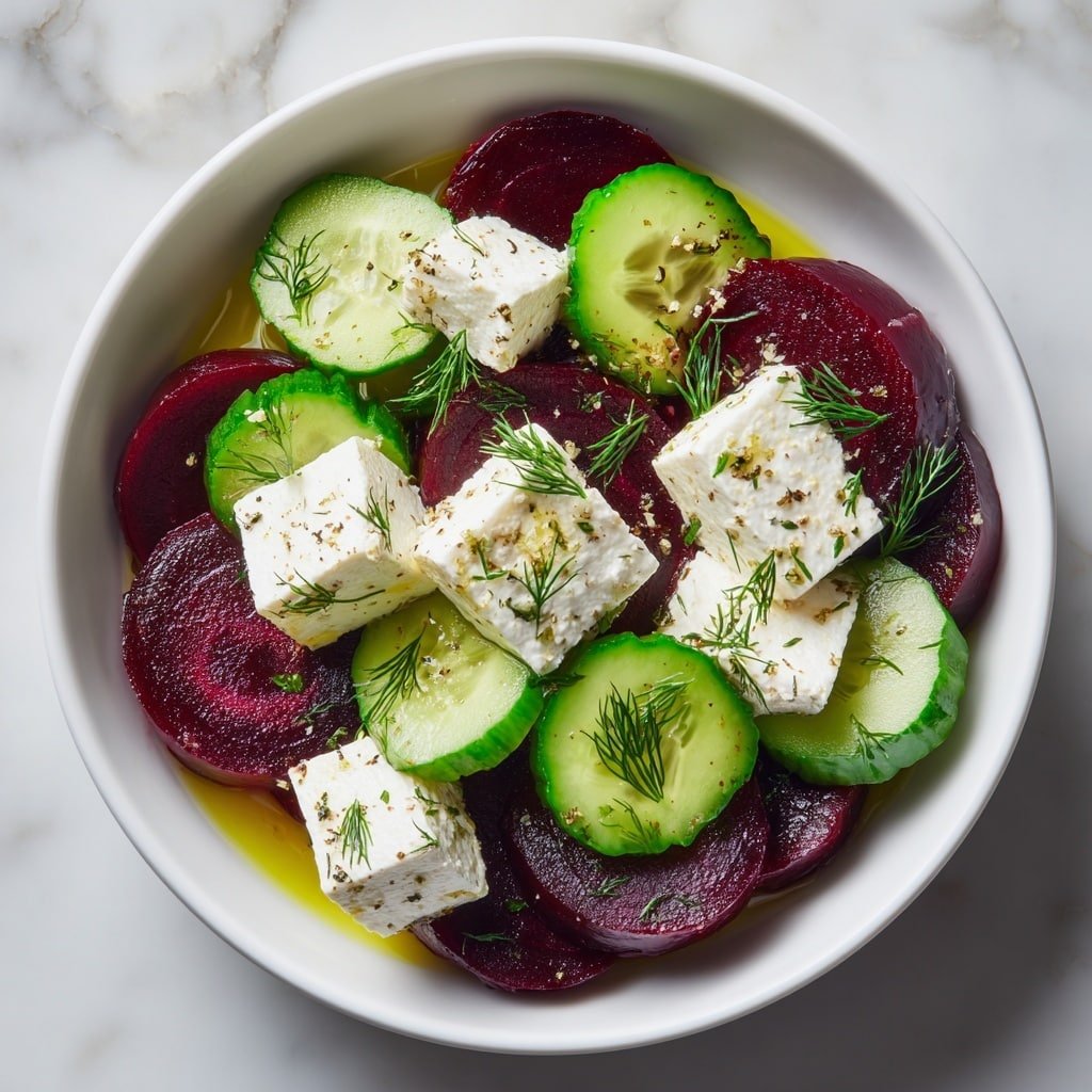A white bowl filled with a colorful salad showing three main layers: thick slices of deep red beetroot forming the base, followed by bright green cucumber rounds with slightly shiny, textured skin scattered between the beet pieces, and topped with white cubes of soft cheese drizzled with light yellow olive oil. Small sprigs of fresh green dill are placed on top and between the ingredients, adding fine texture and contrast. The bowl is set on a white marbled surface, highlighting the fresh colors of the salad photo taken with an iphone --ar 1:1 --v 7 — Beet Salad with Feta and Dill, roasted beet salad, feta and dill salad, healthy beet salad, easy vegetarian beet salad