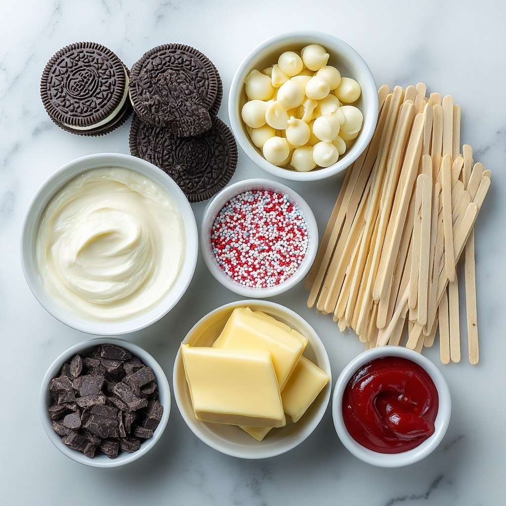 Valentine's Day Oreo Lollipop Pops Recipe - Ingredients Image — Valentine's Day Oreo Lollipop Pops, Valentine's Day sweet treats, Oreo chocolate lollipop recipe, easy Valentine's dessert ideas, festive Oreo pops